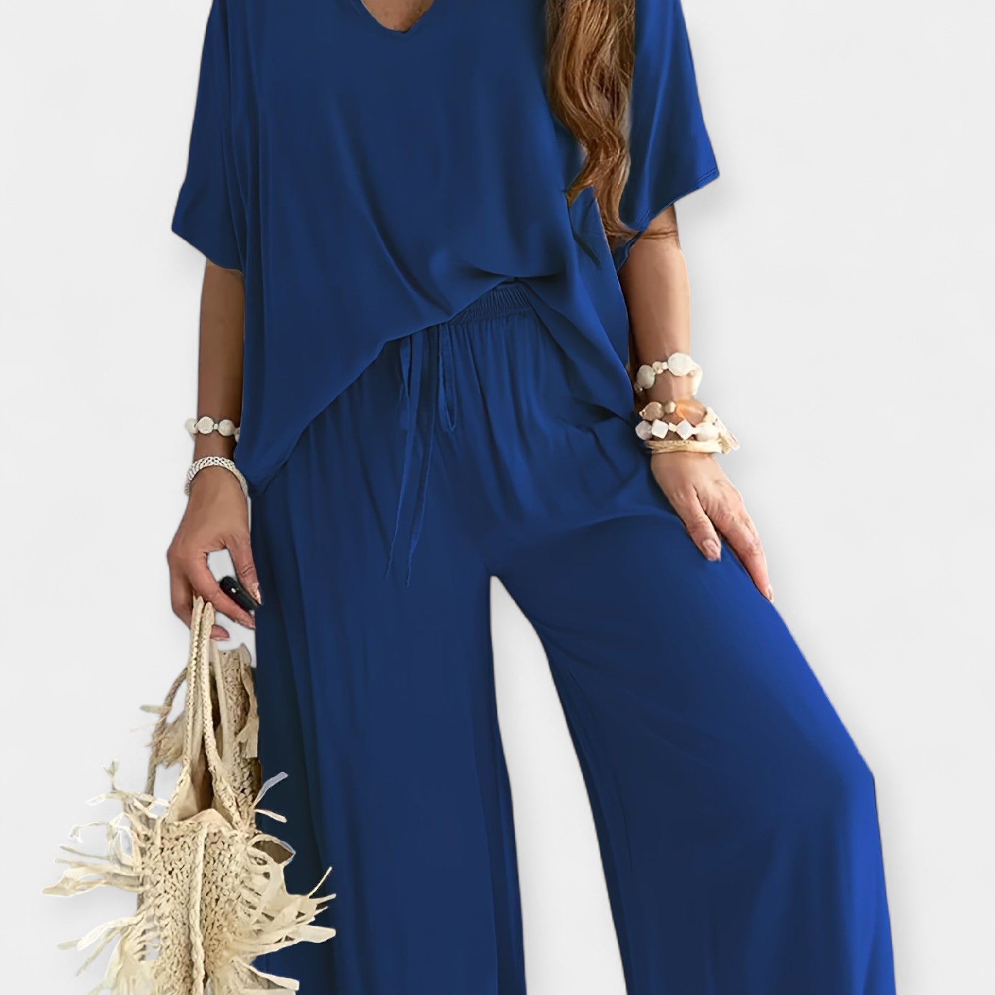 Airy Wide Leg Trousers Set With Flowy Blouse Relaxed Fit