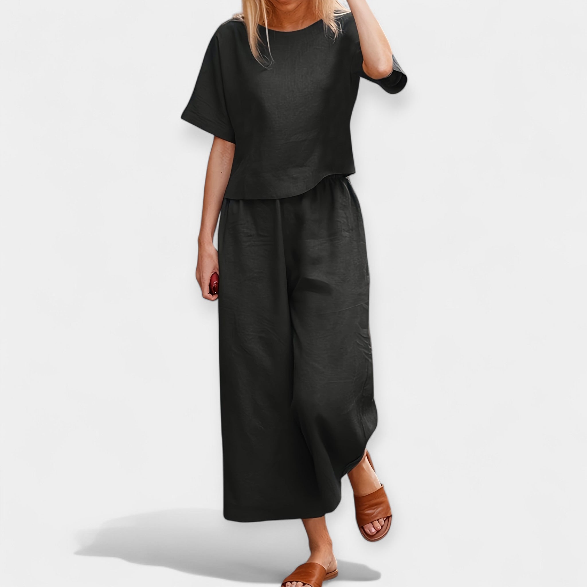 Airy Short Sleeve Top And Trousers Set For Summer Casual