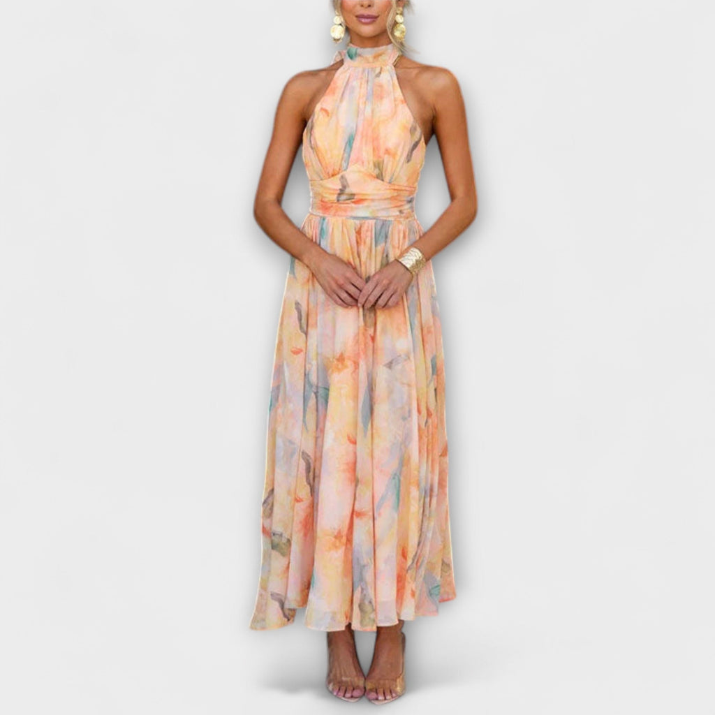 Aquarelle Maxi Dress Open Back With Neck Tie Silhouette