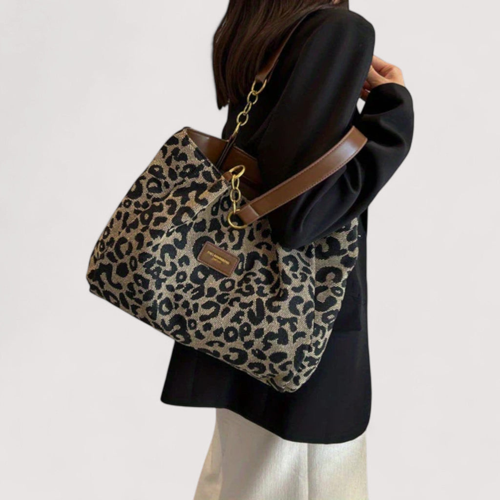 Theophano Elegant Leopard Print Canvas Shoulder Bag