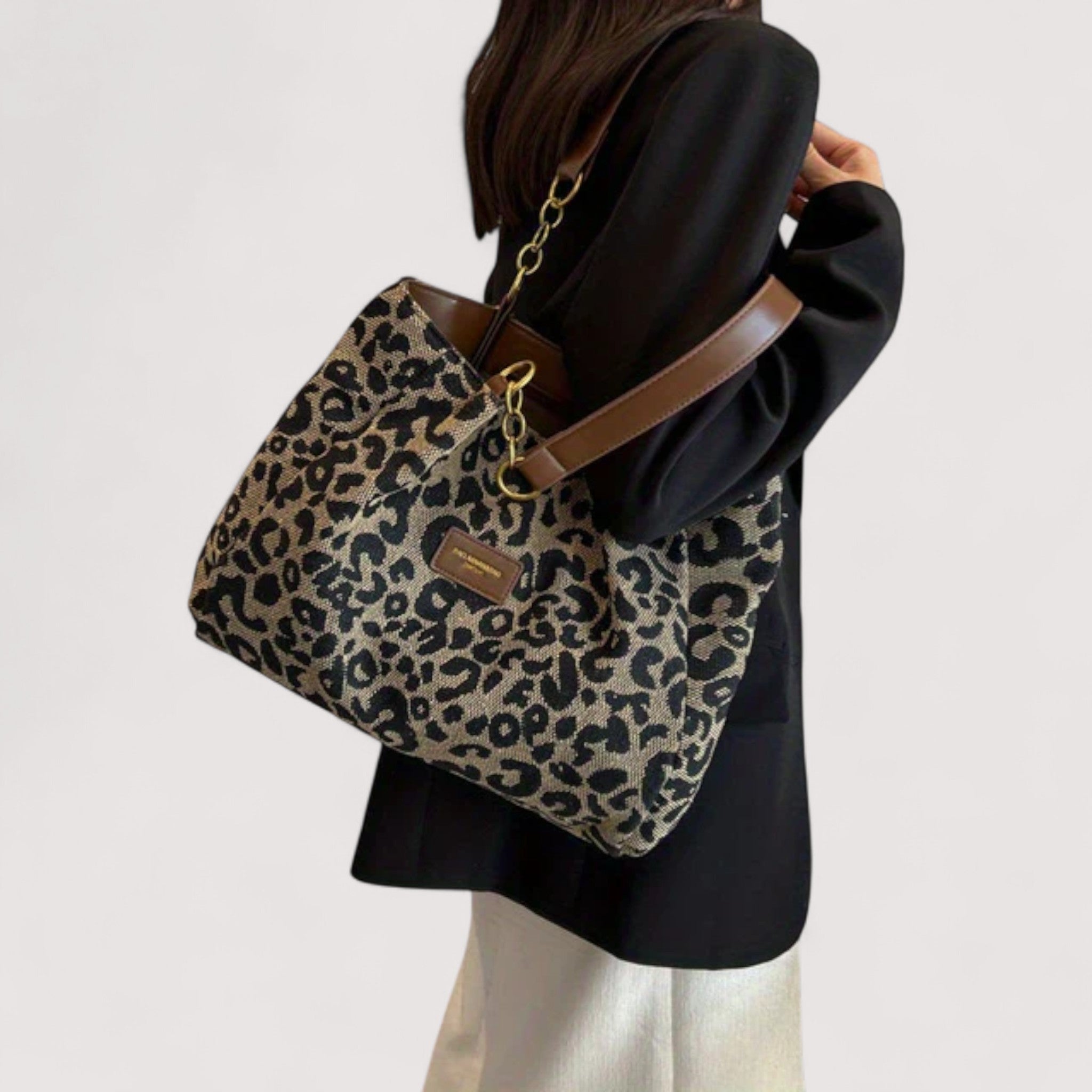 Theophano Elegant Leopard Print Canvas Shoulder Bag