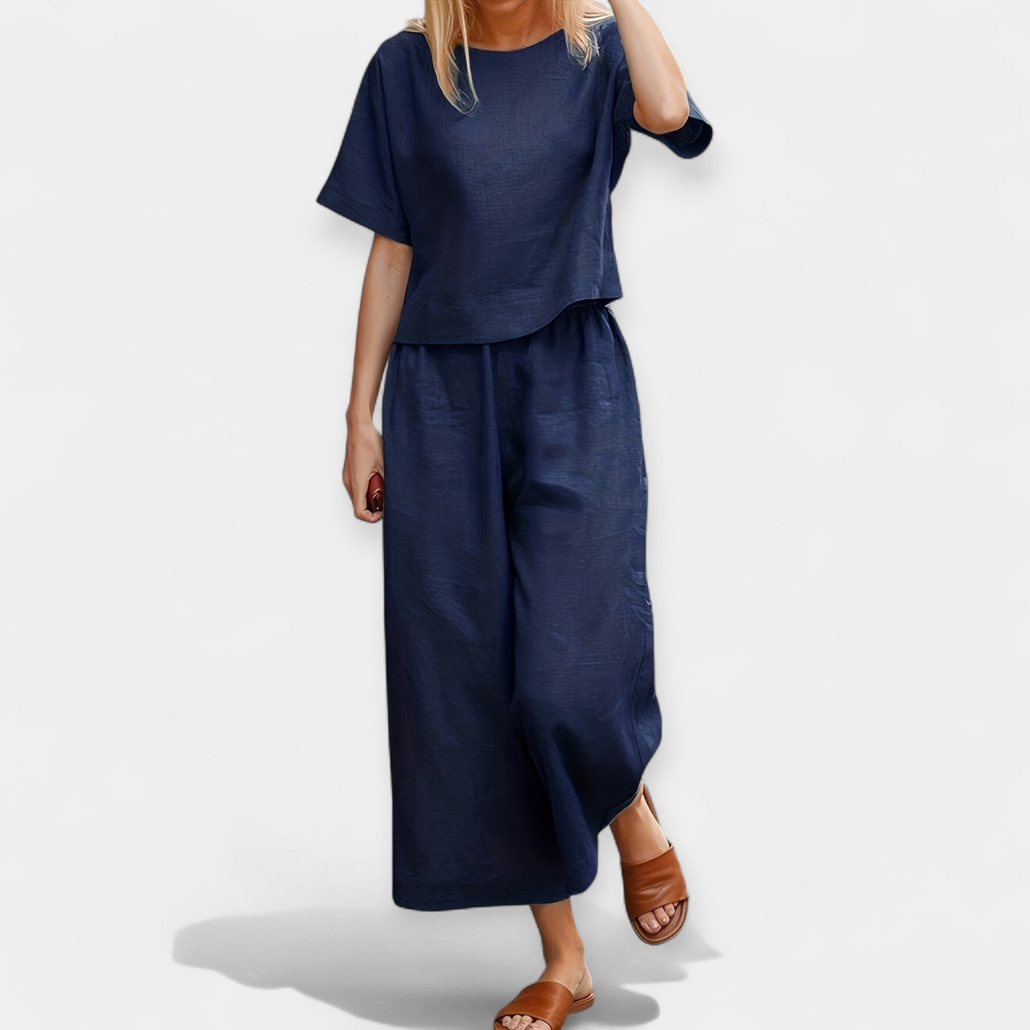 Airy Short Sleeve Top And Trousers Set For Summer Casual