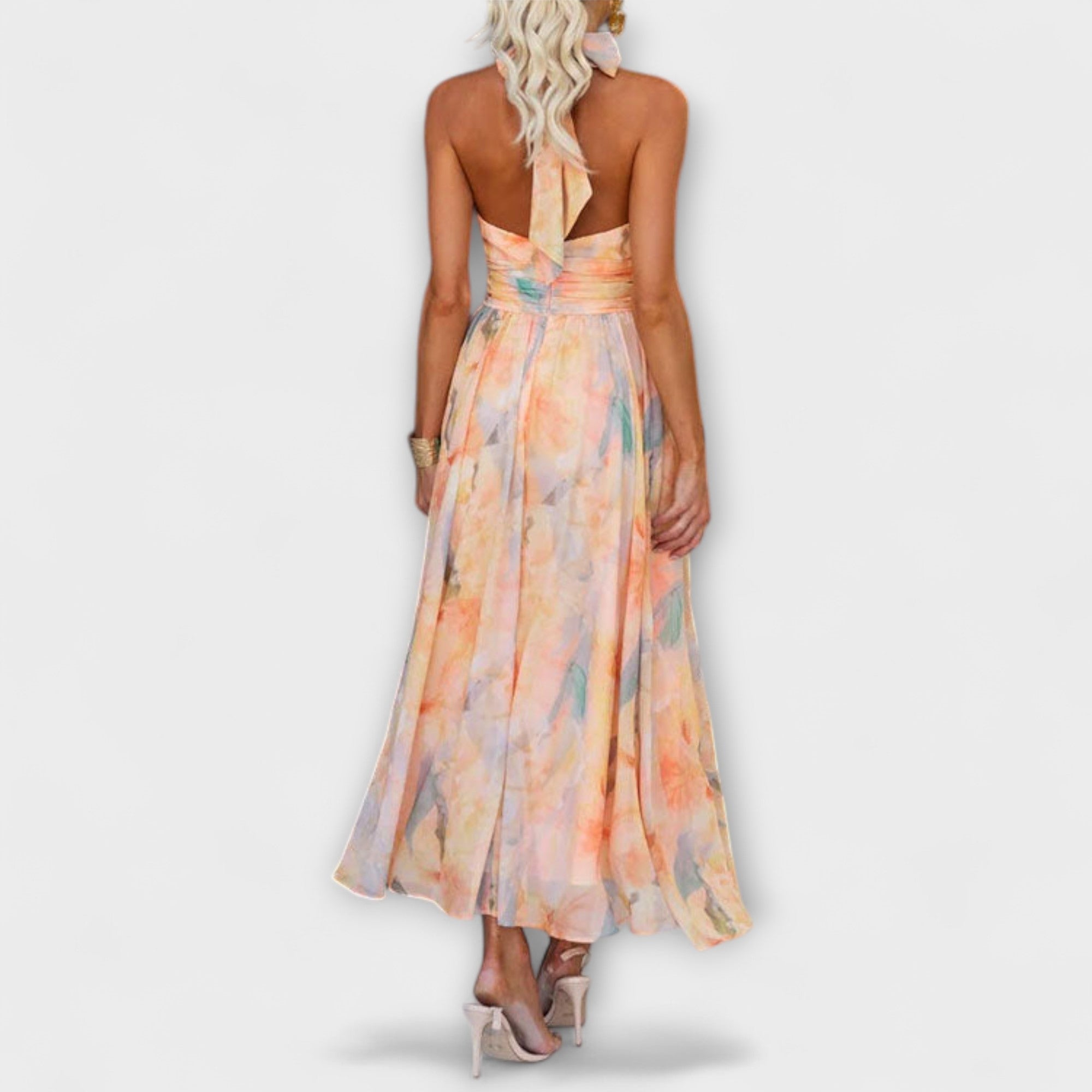 Aquarelle Maxi Dress Open Back With Neck Tie Silhouette