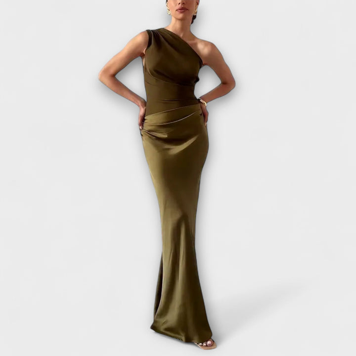 One Shoulder Pleated Maxi Dress With Flowing Length