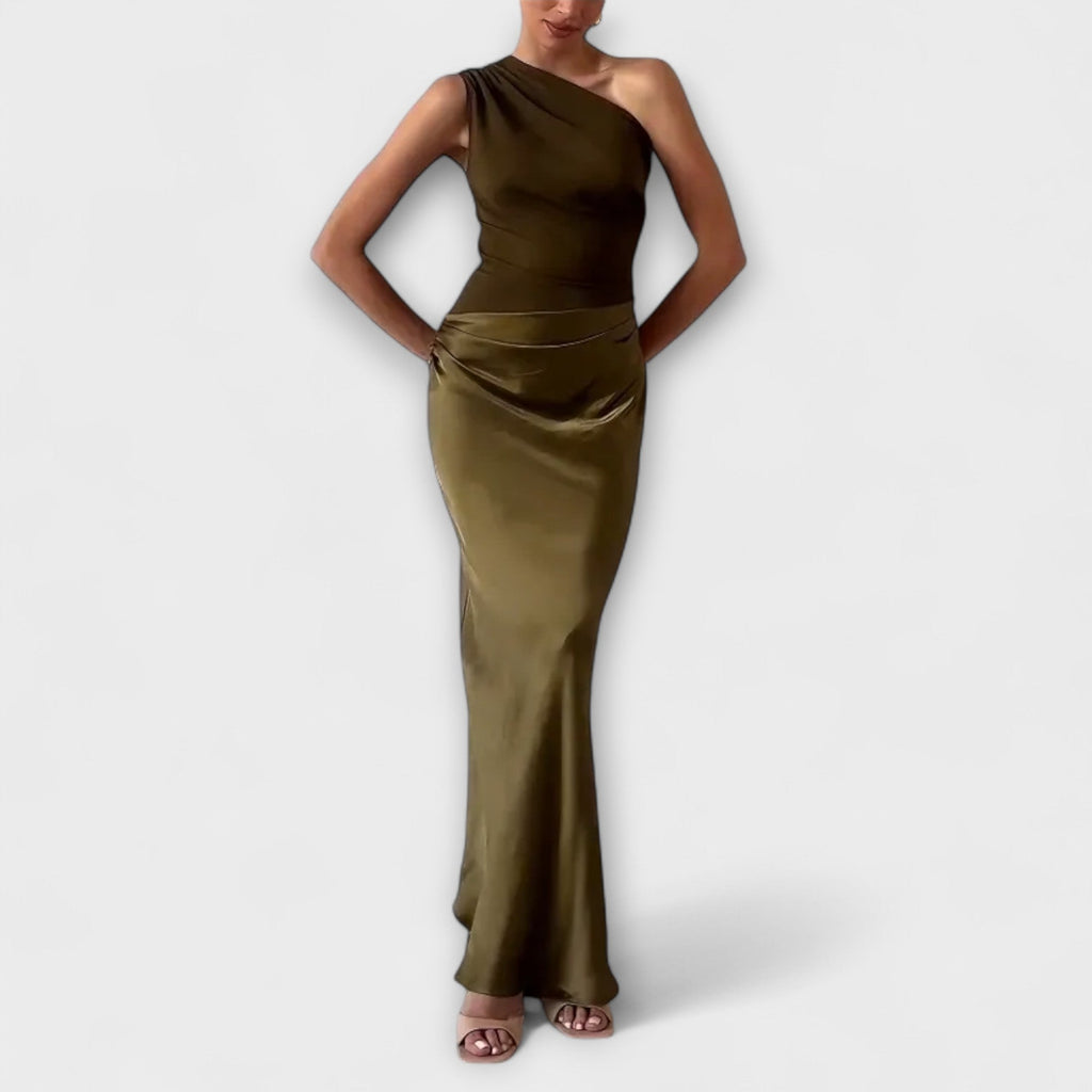 One Shoulder Pleated Maxi Dress With Flowing Length