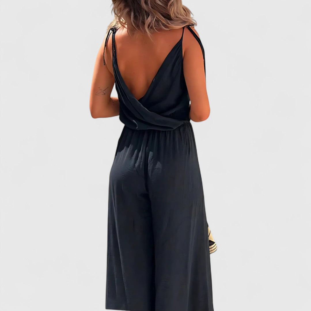 Rose Cotton Jumpsuit With Cross Neckline And Side Slits