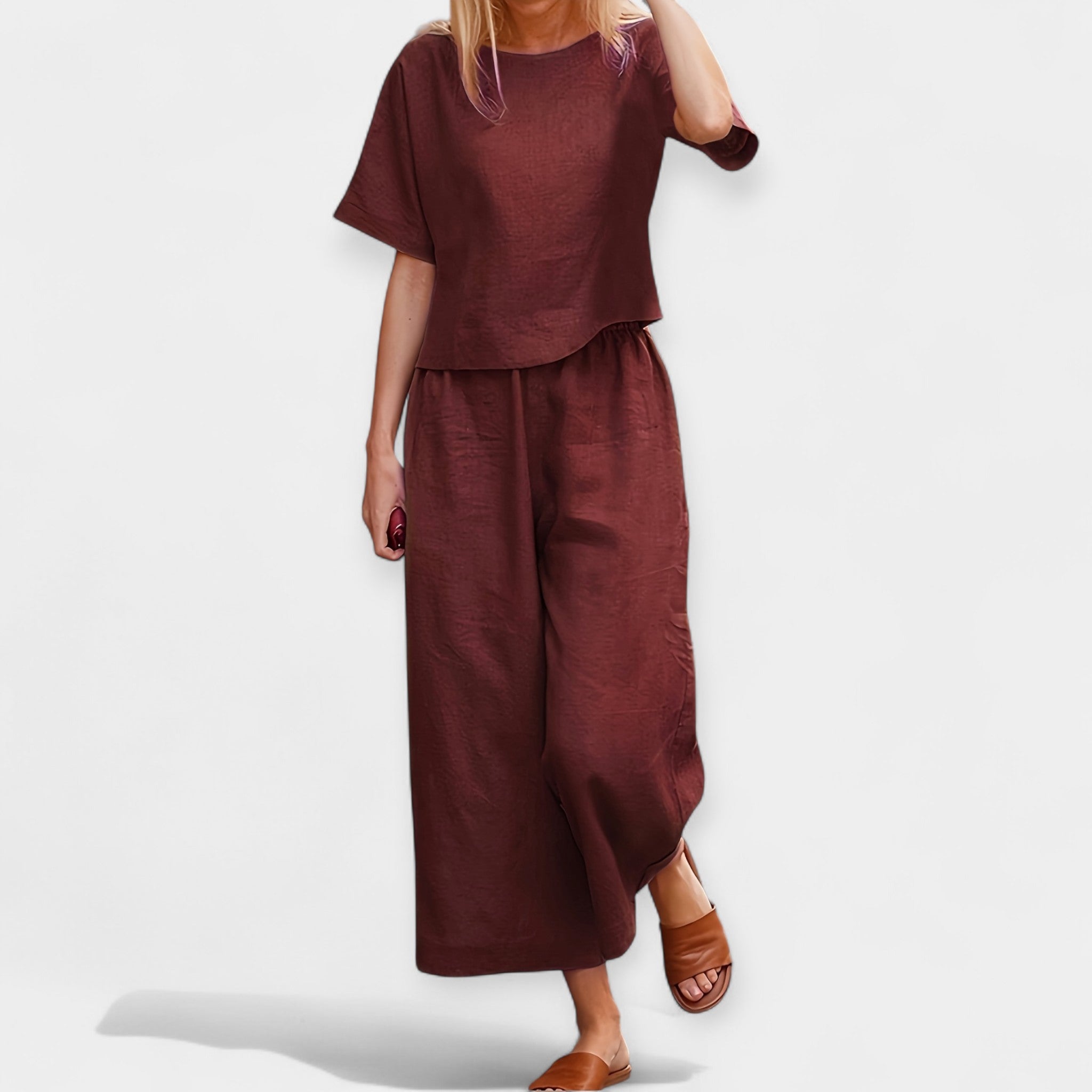 Airy Short Sleeve Top And Trousers Set For Summer Casual