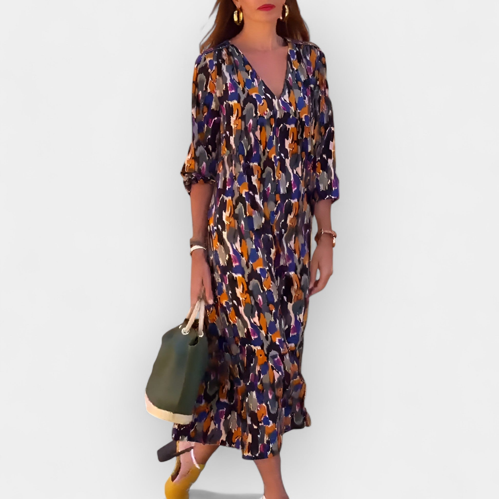 V Neck Retro Pattern Dress With Romantic Sleeves Today