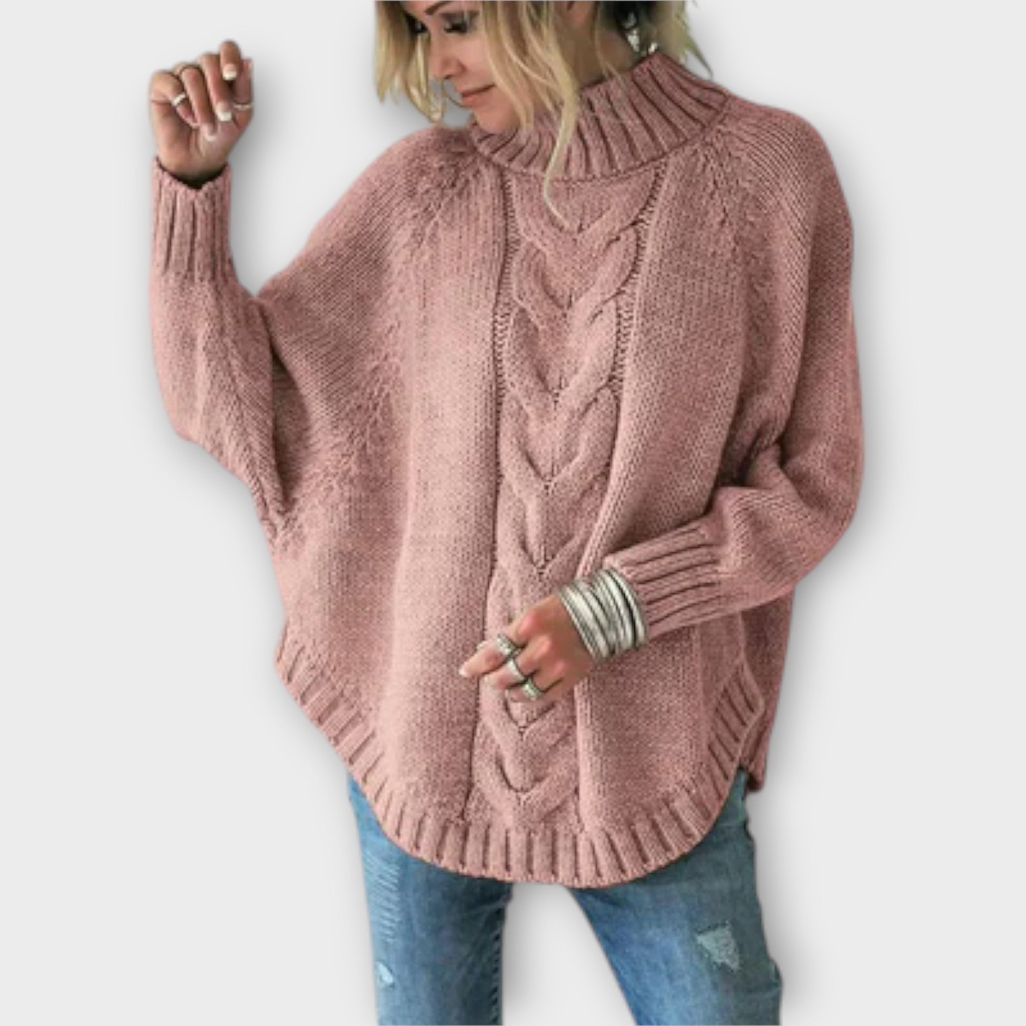 Elysian Cable Knit Sweater With Stand Collar Oversized