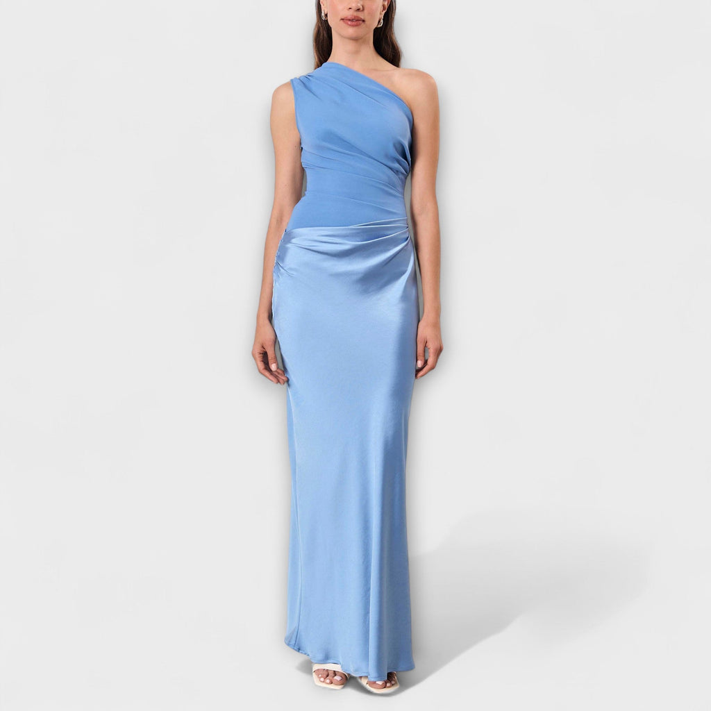 One Shoulder Pleated Maxi Dress With Flowing Length