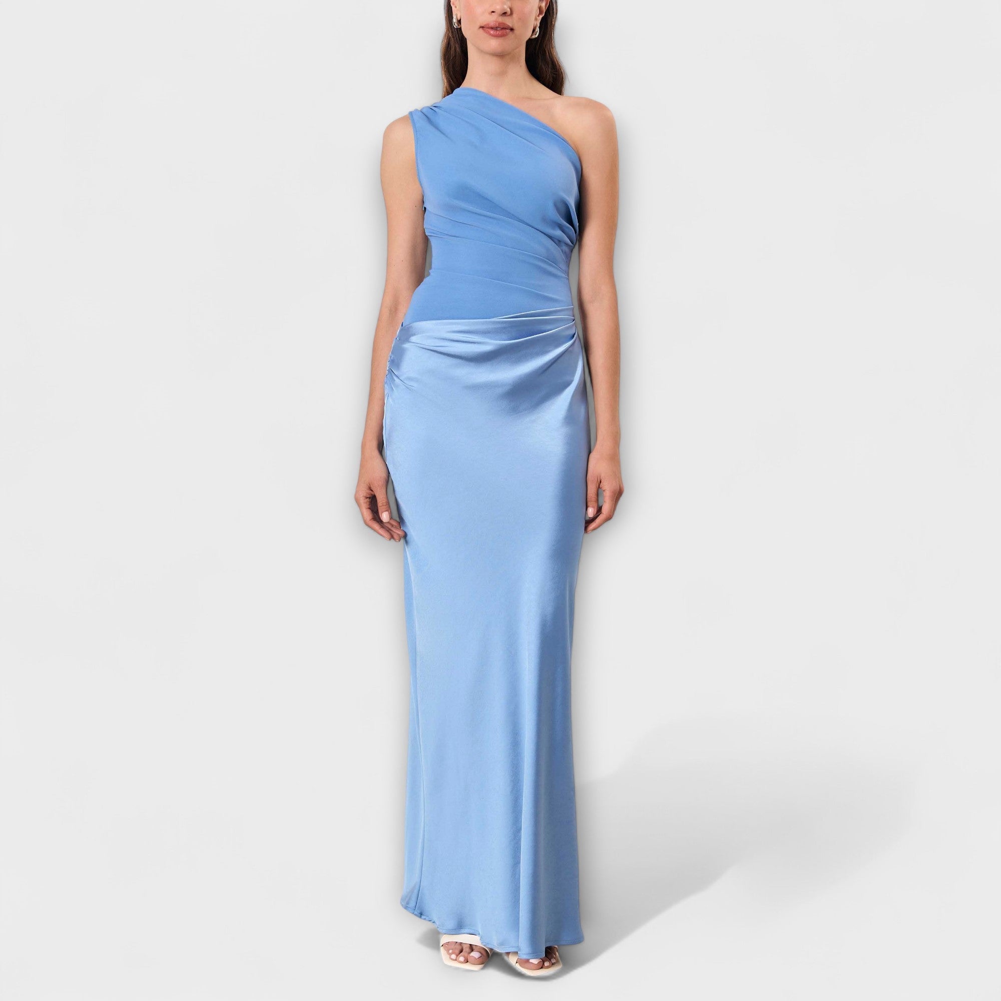 One Shoulder Pleated Maxi Dress With Flowing Length