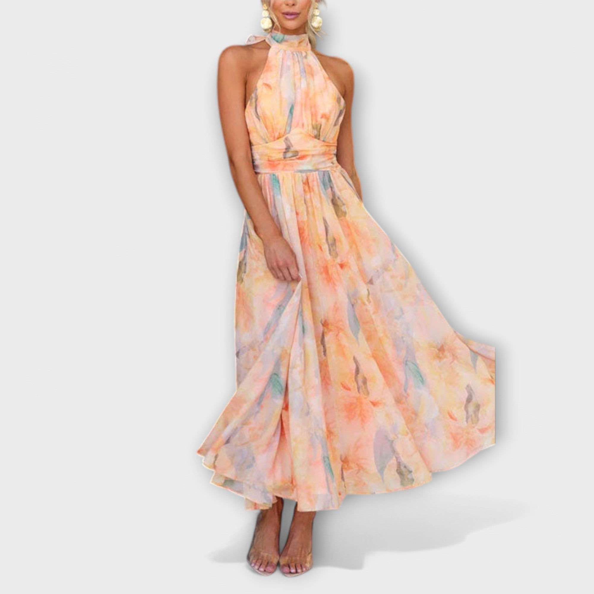 Aquarelle Maxi Dress Open Back With Neck Tie Silhouette