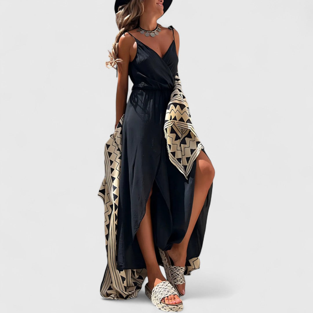 Rose Cotton Jumpsuit With Cross Neckline And Side Slits