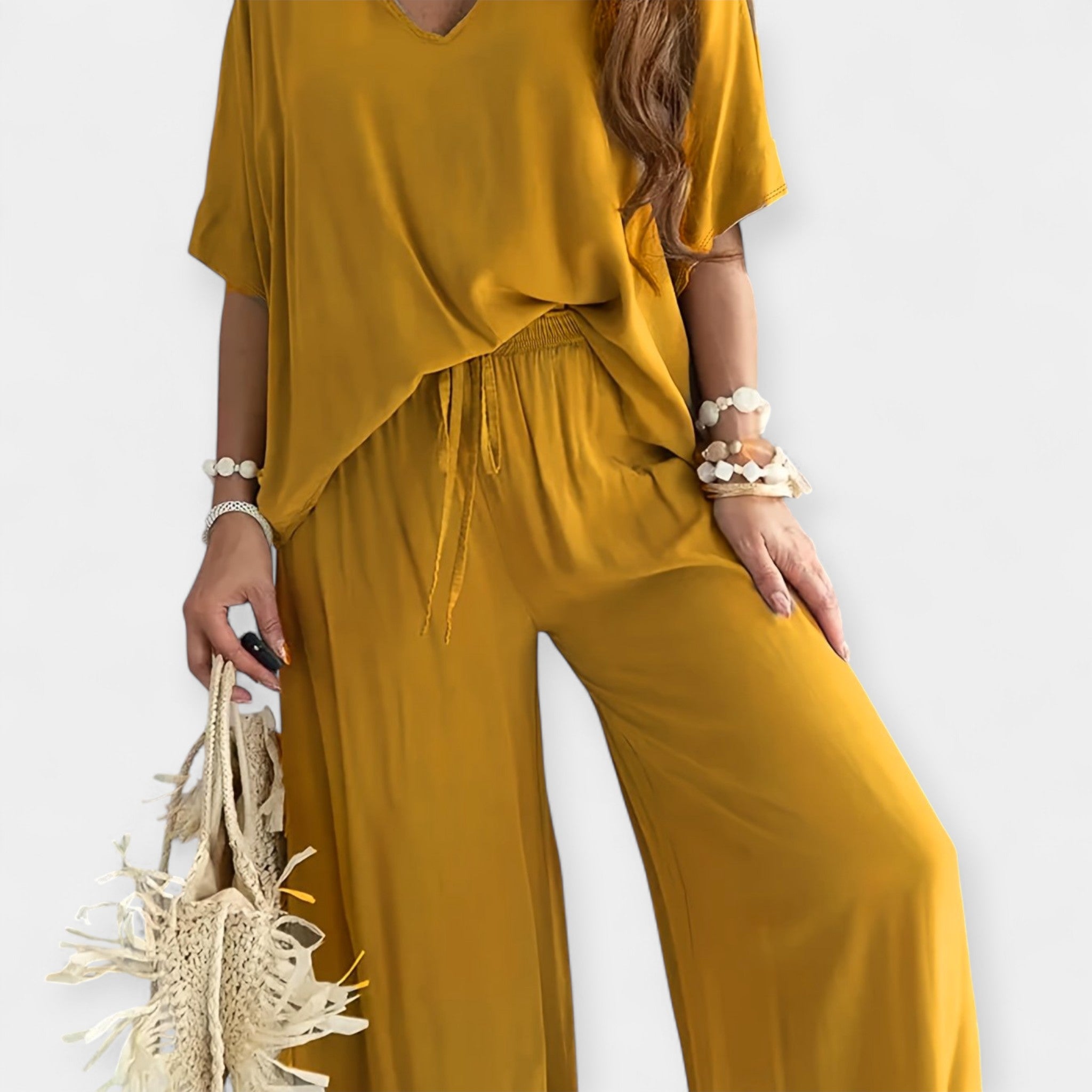 Airy Wide Leg Trousers Set With Flowy Blouse Relaxed Fit