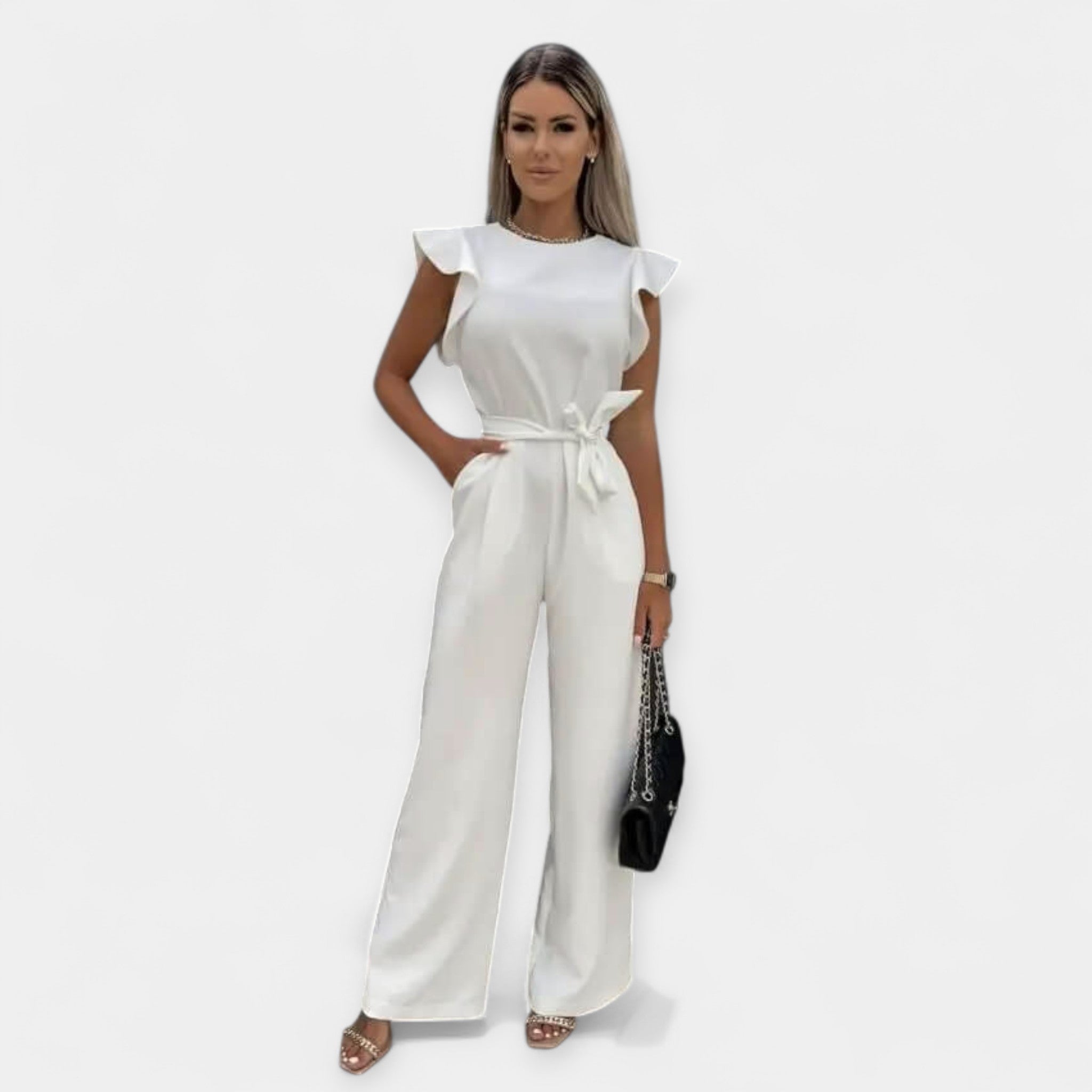 Jumpsuit with Butterfly Sleeves and Belted Waistline