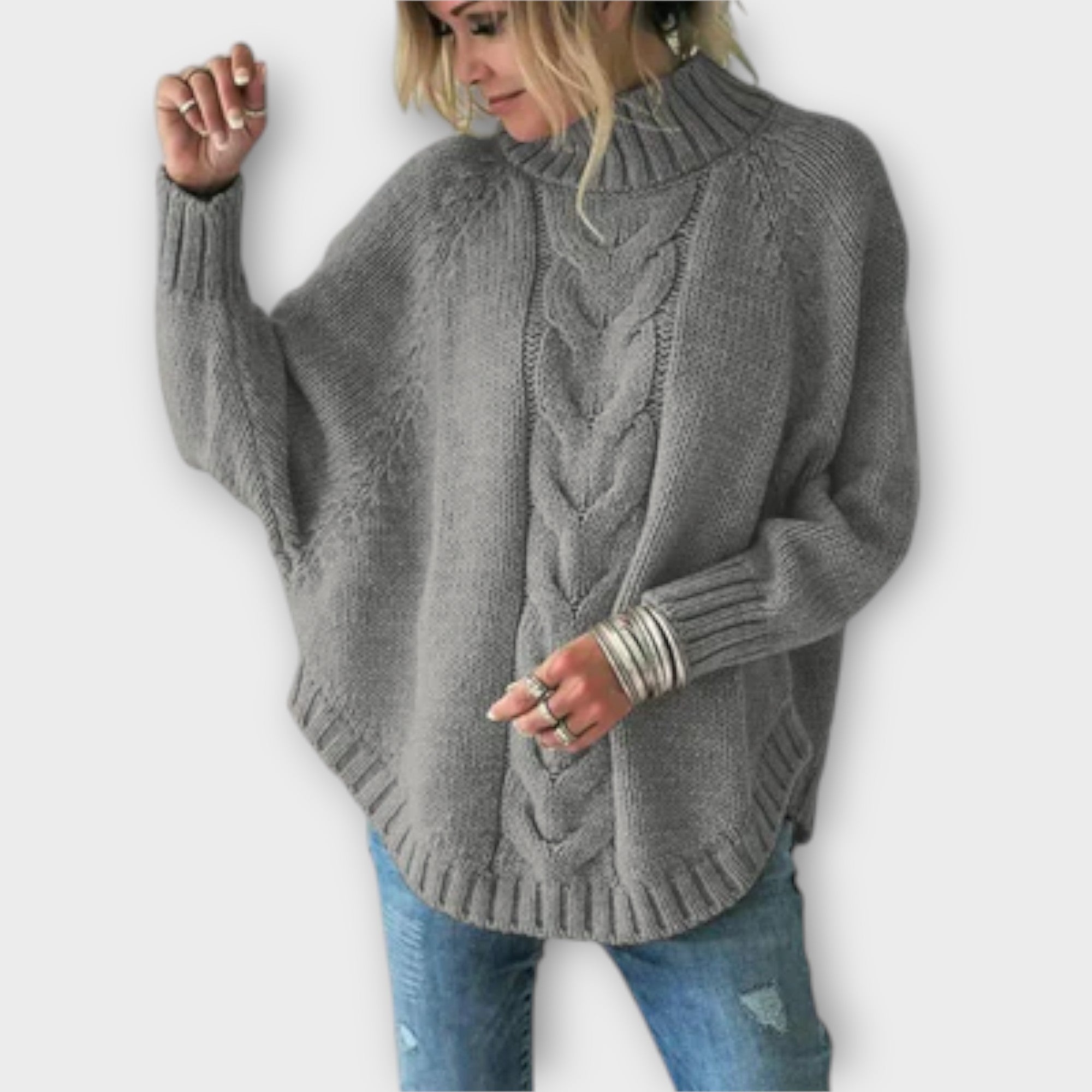 Elysian Cable Knit Sweater With Stand Collar Oversized