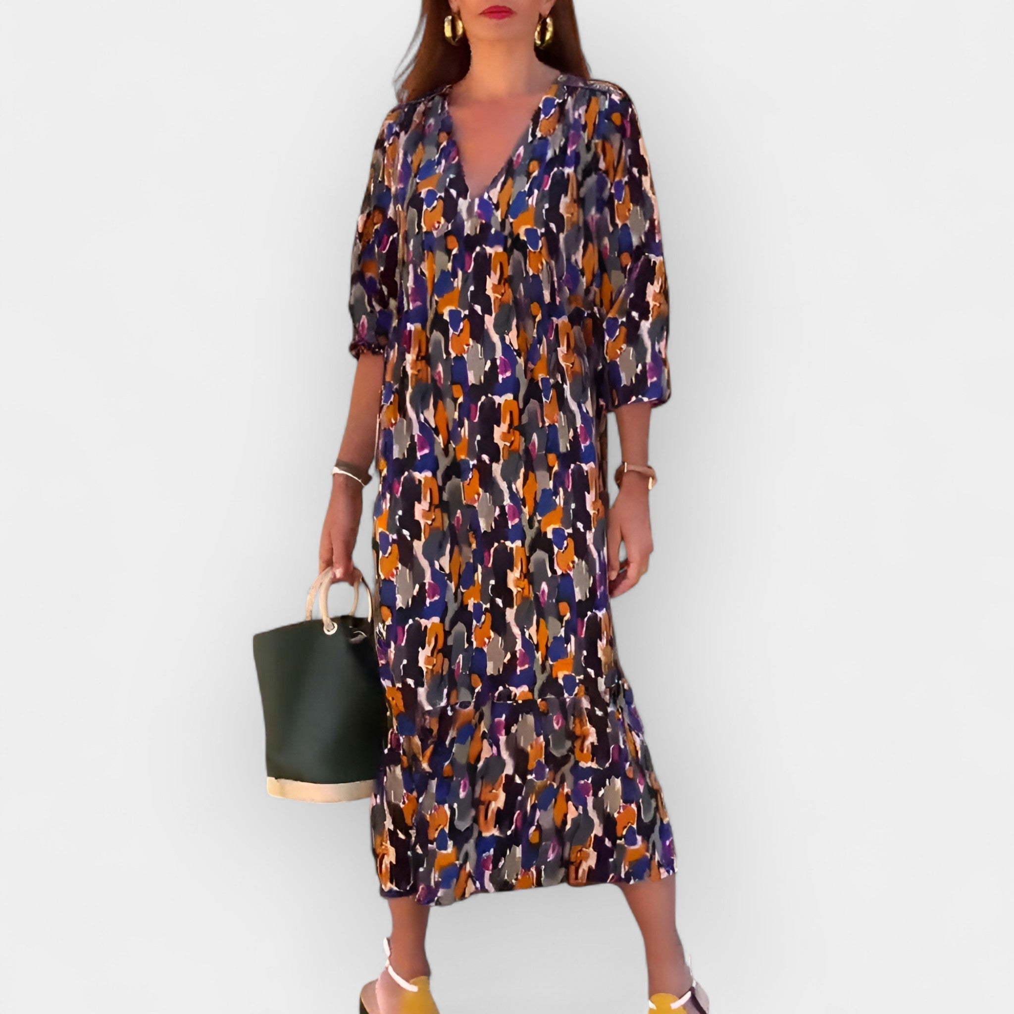V Neck Retro Pattern Dress With Romantic Sleeves Today