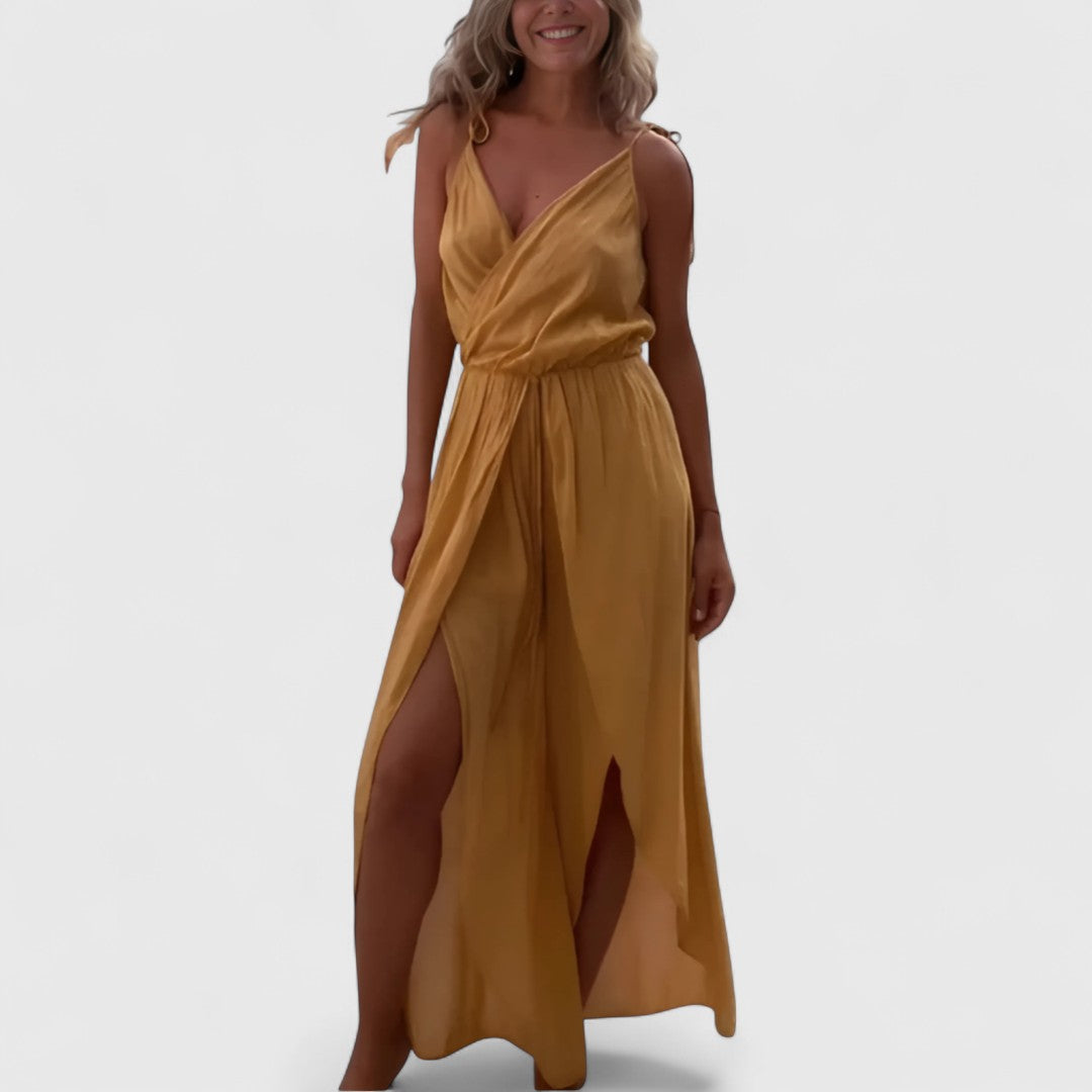 Rose Cotton Jumpsuit With Cross Neckline And Side Slits