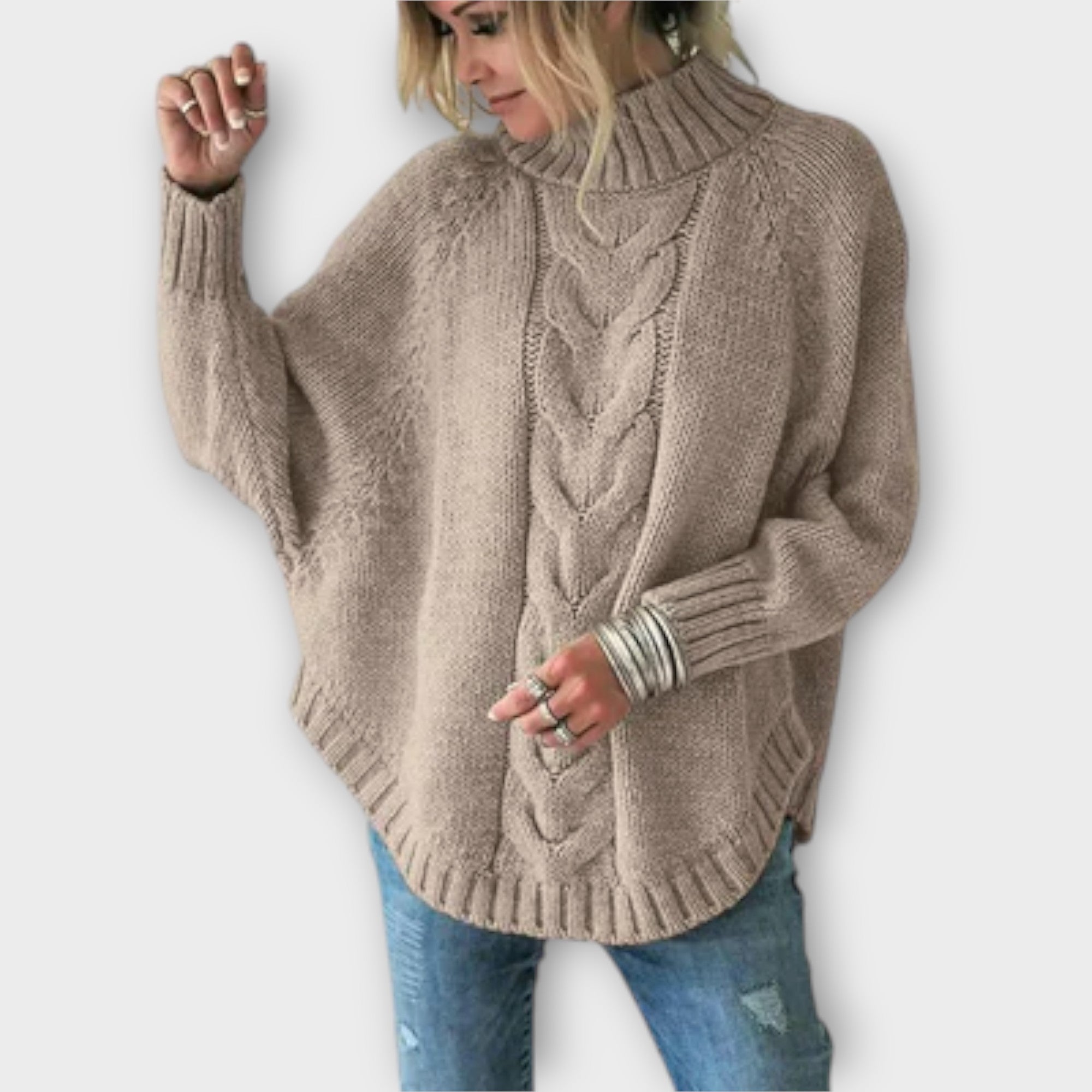Elysian Cable Knit Sweater With Stand Collar Oversized