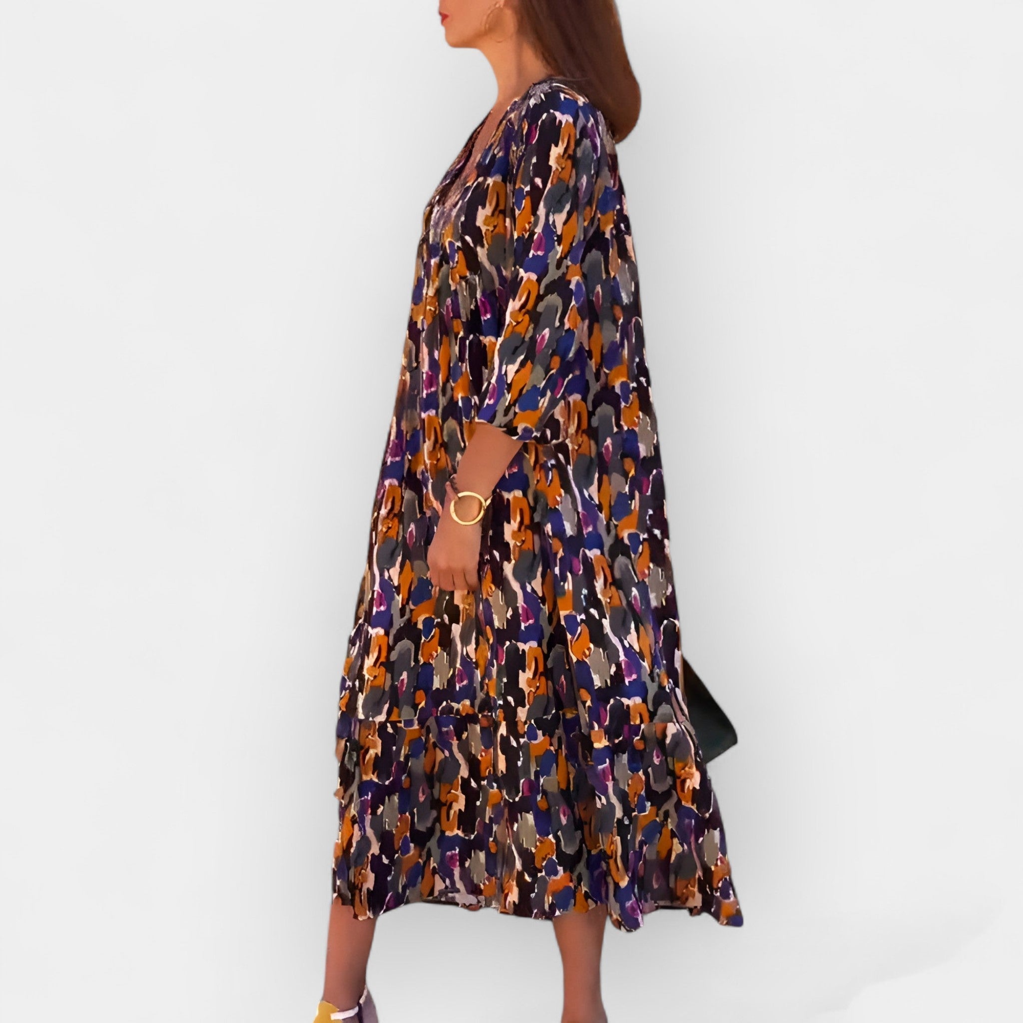 V Neck Retro Pattern Dress With Romantic Sleeves Today