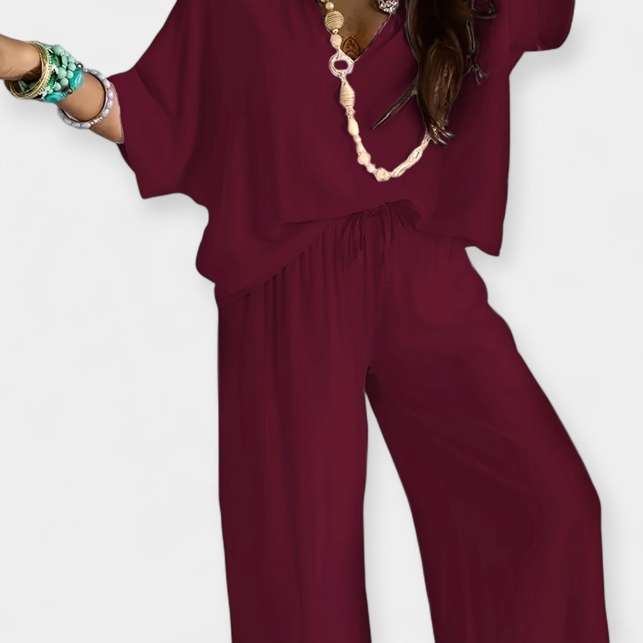 Airy Wide Leg Trousers Set With Flowy Blouse Relaxed Fit