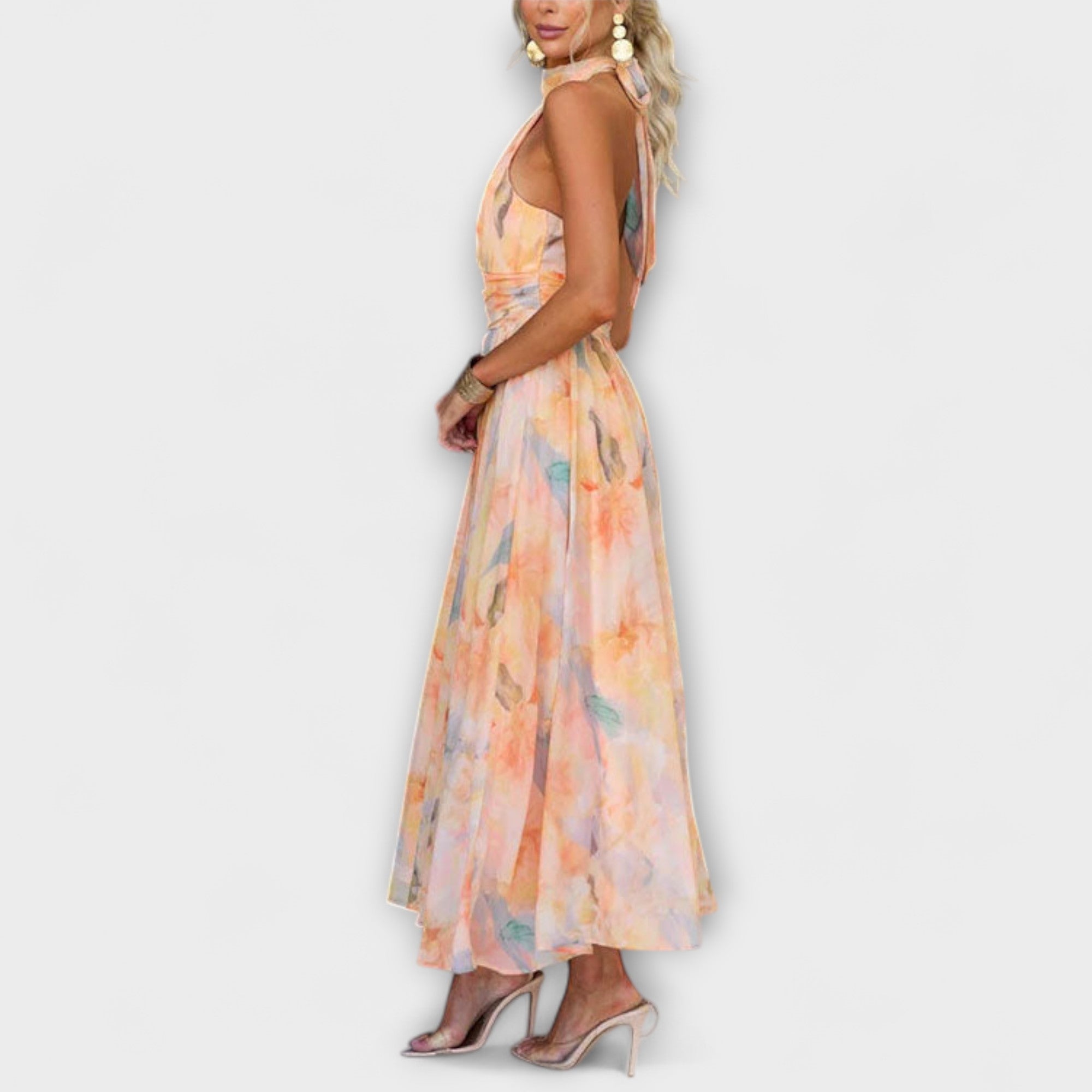 Aquarelle Maxi Dress Open Back With Neck Tie Silhouette