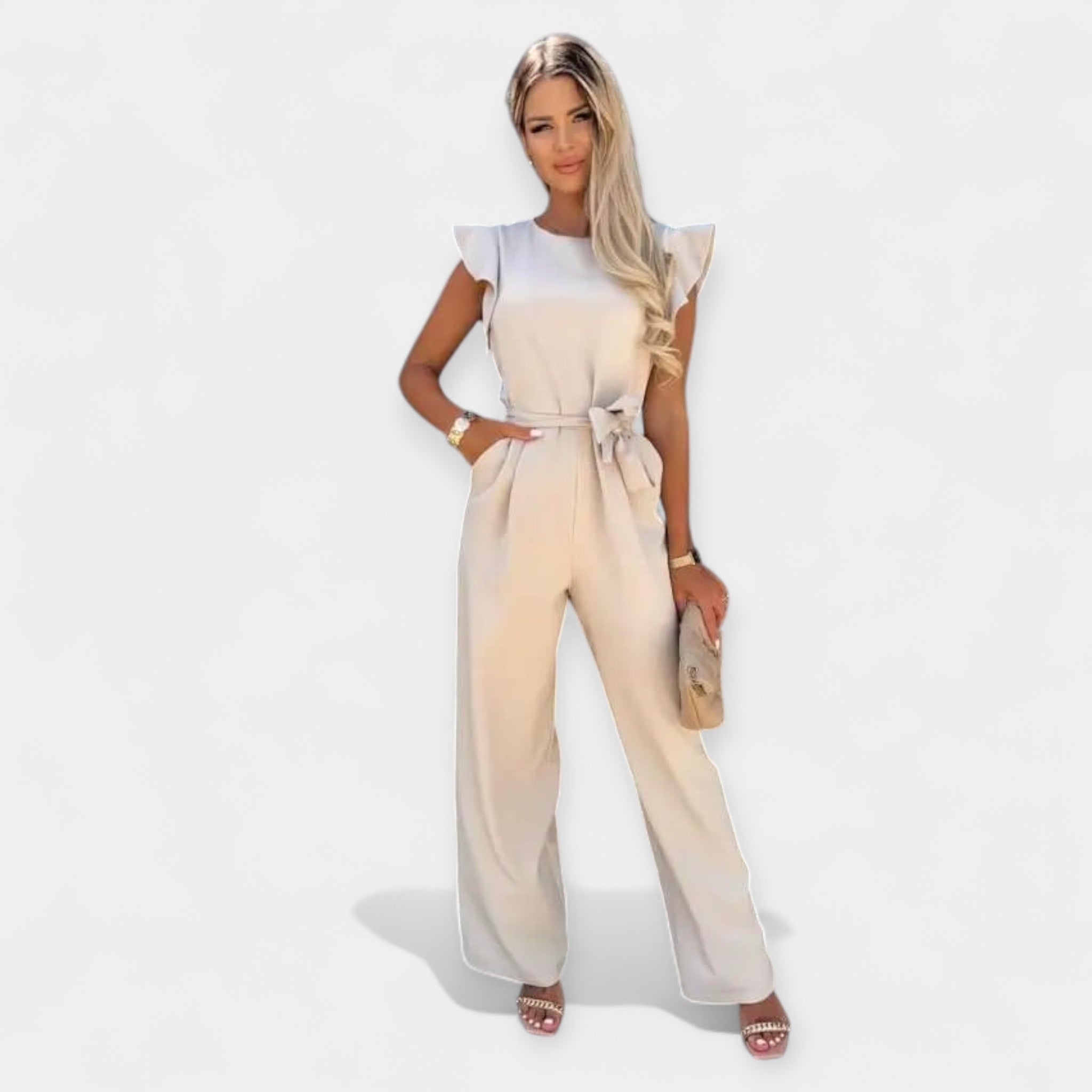 Jumpsuit with Butterfly Sleeves and Belted Waistline