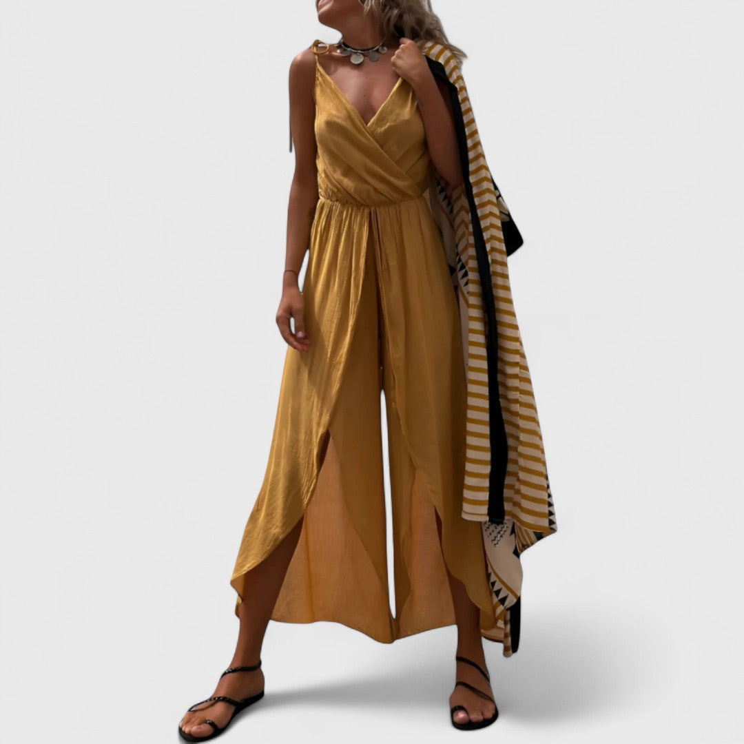 Rose Cotton Jumpsuit With Cross Neckline And Side Slits