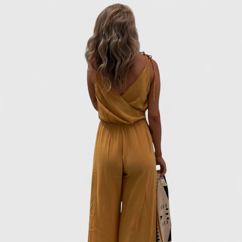 Rose Cotton Jumpsuit With Cross Neckline And Side Slits