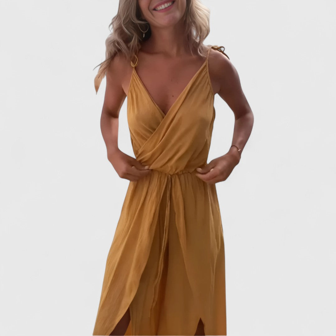 Rose Cotton Jumpsuit With Cross Neckline And Side Slits