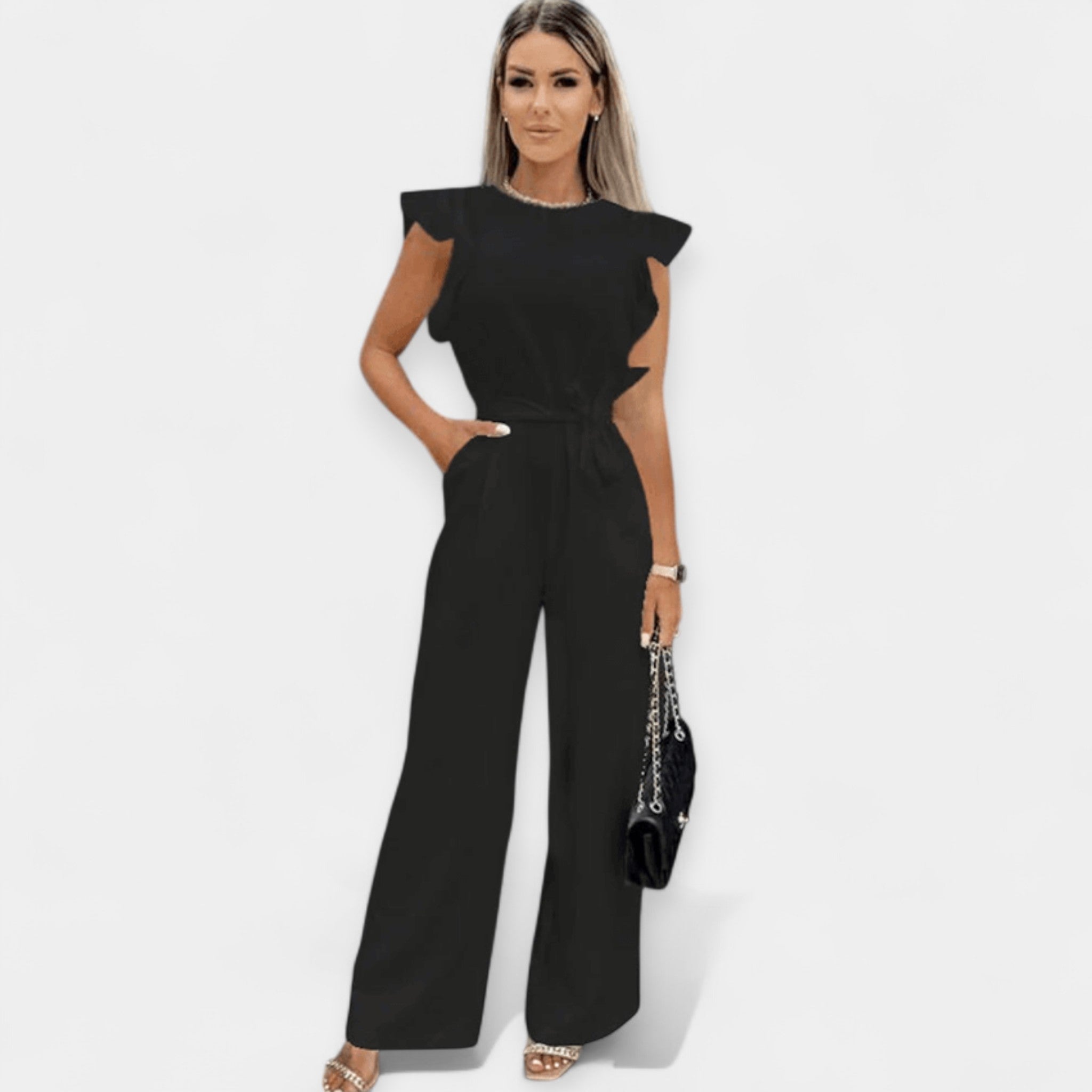 Jumpsuit with Butterfly Sleeves and Belted Waistline