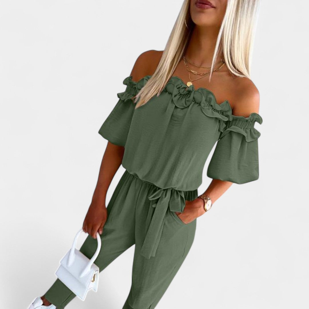 Lida Elegant Off Shoulder Jumpsuit With Ruffle Trim Waist