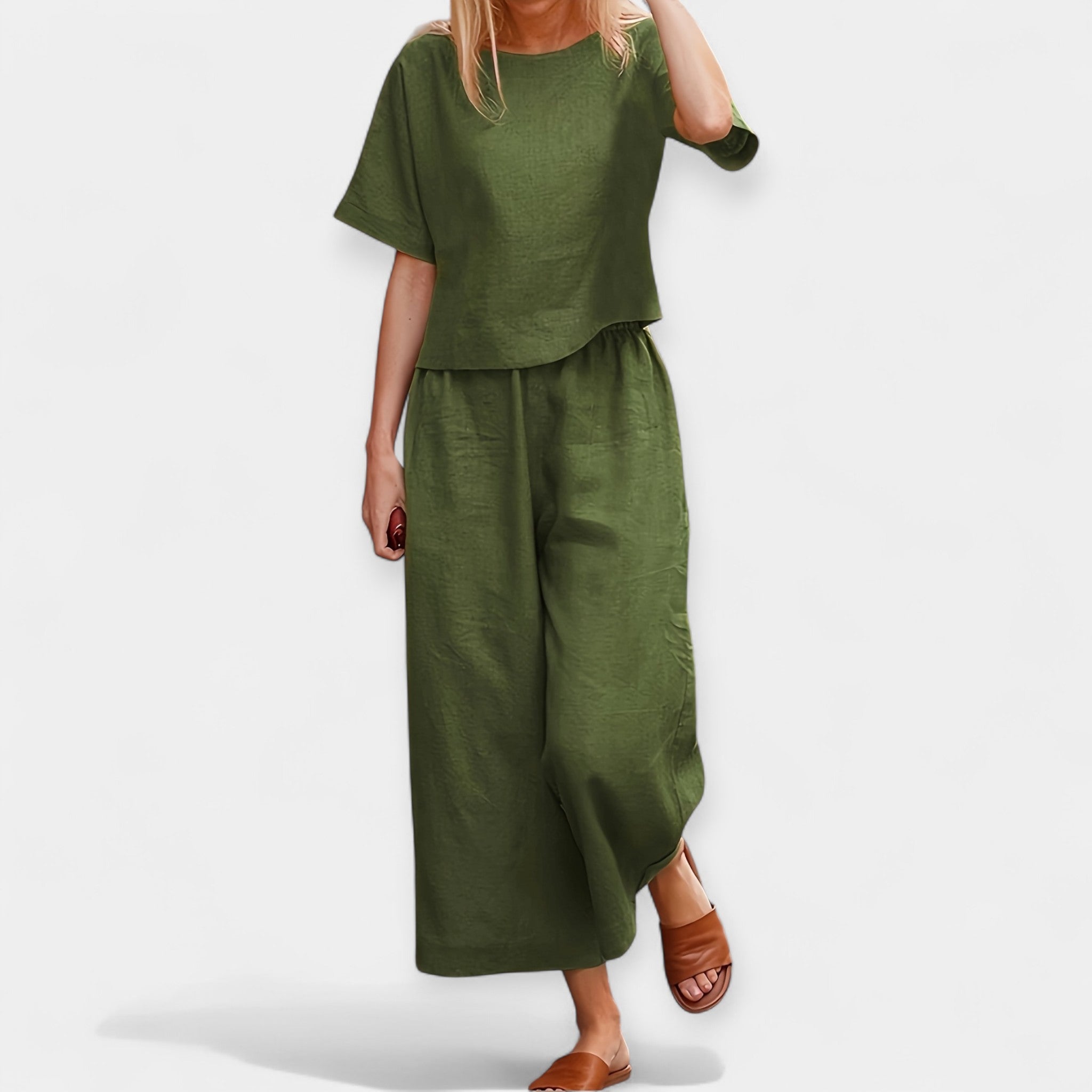 Airy Short Sleeve Top And Trousers Set For Summer Casual