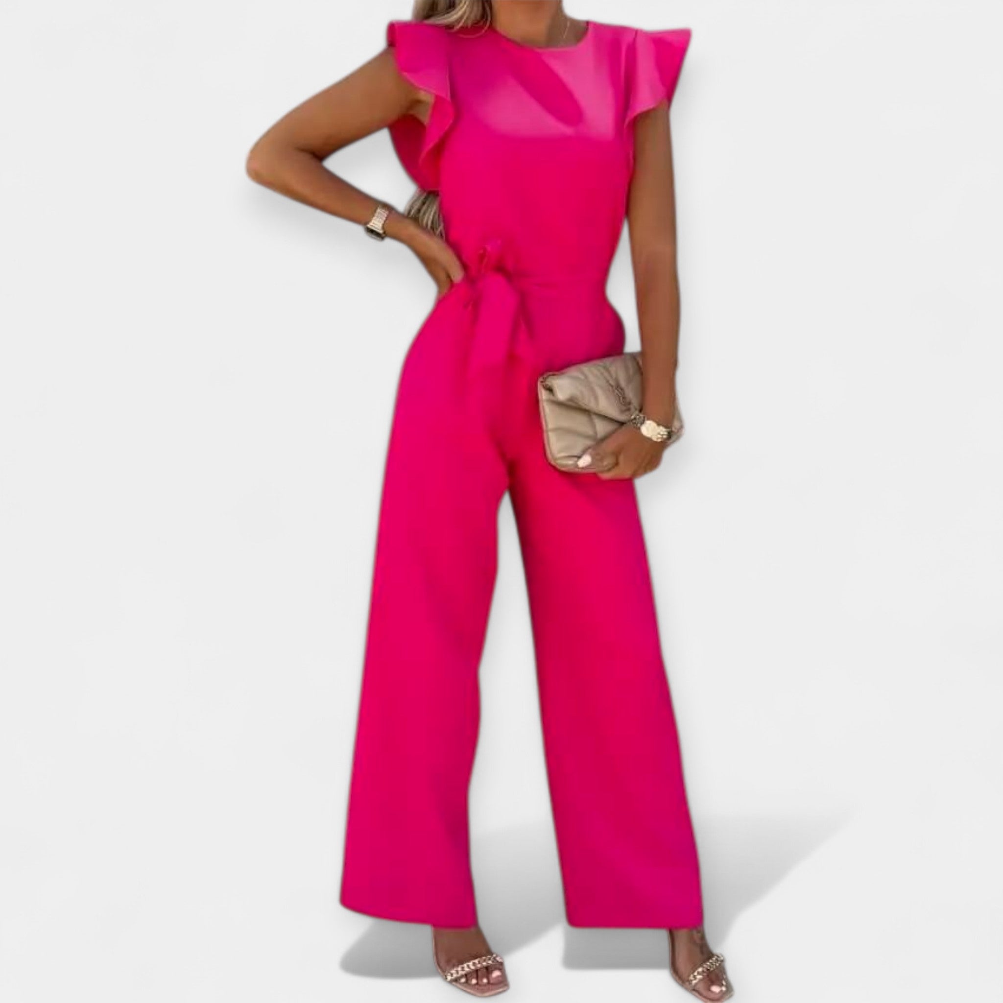 Jumpsuit with Butterfly Sleeves and Belted Waistline