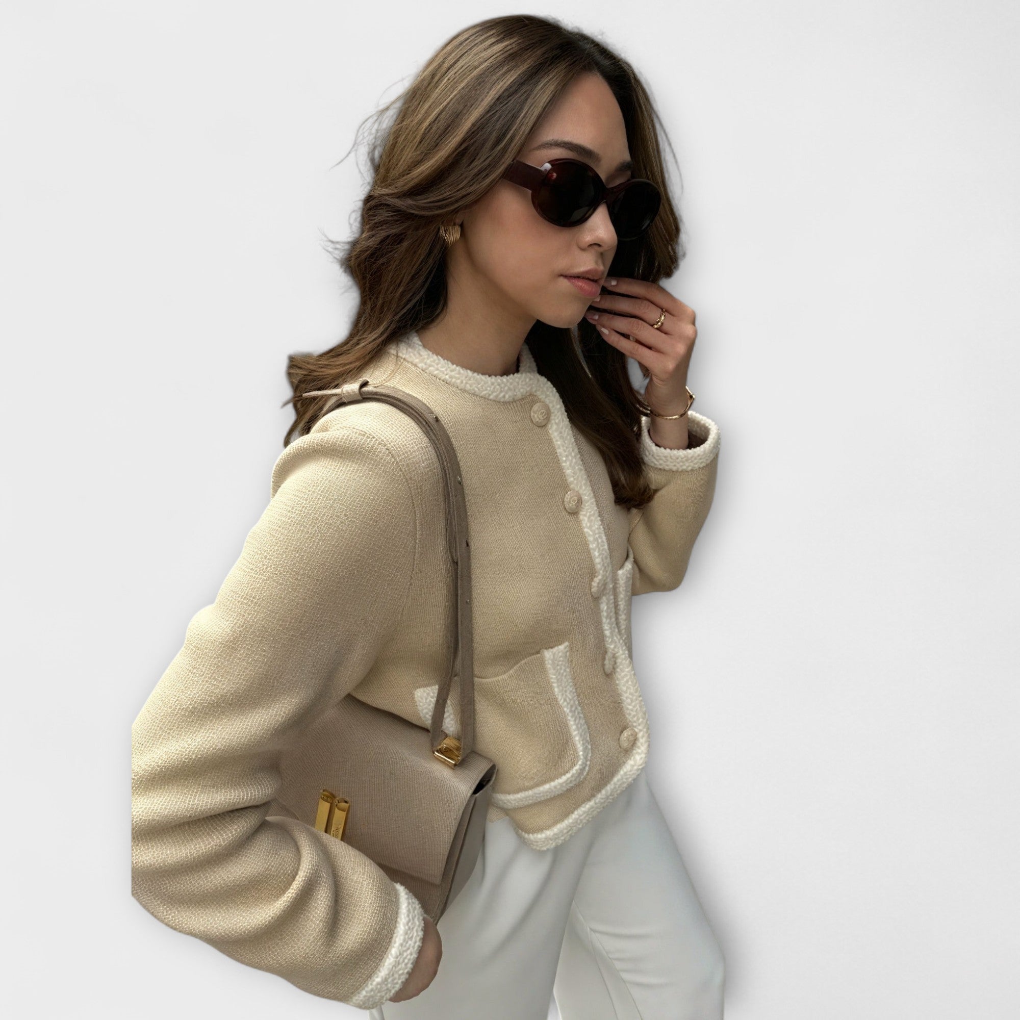 Classic Knit Cardigan With Elegant Functional Zip Pockets