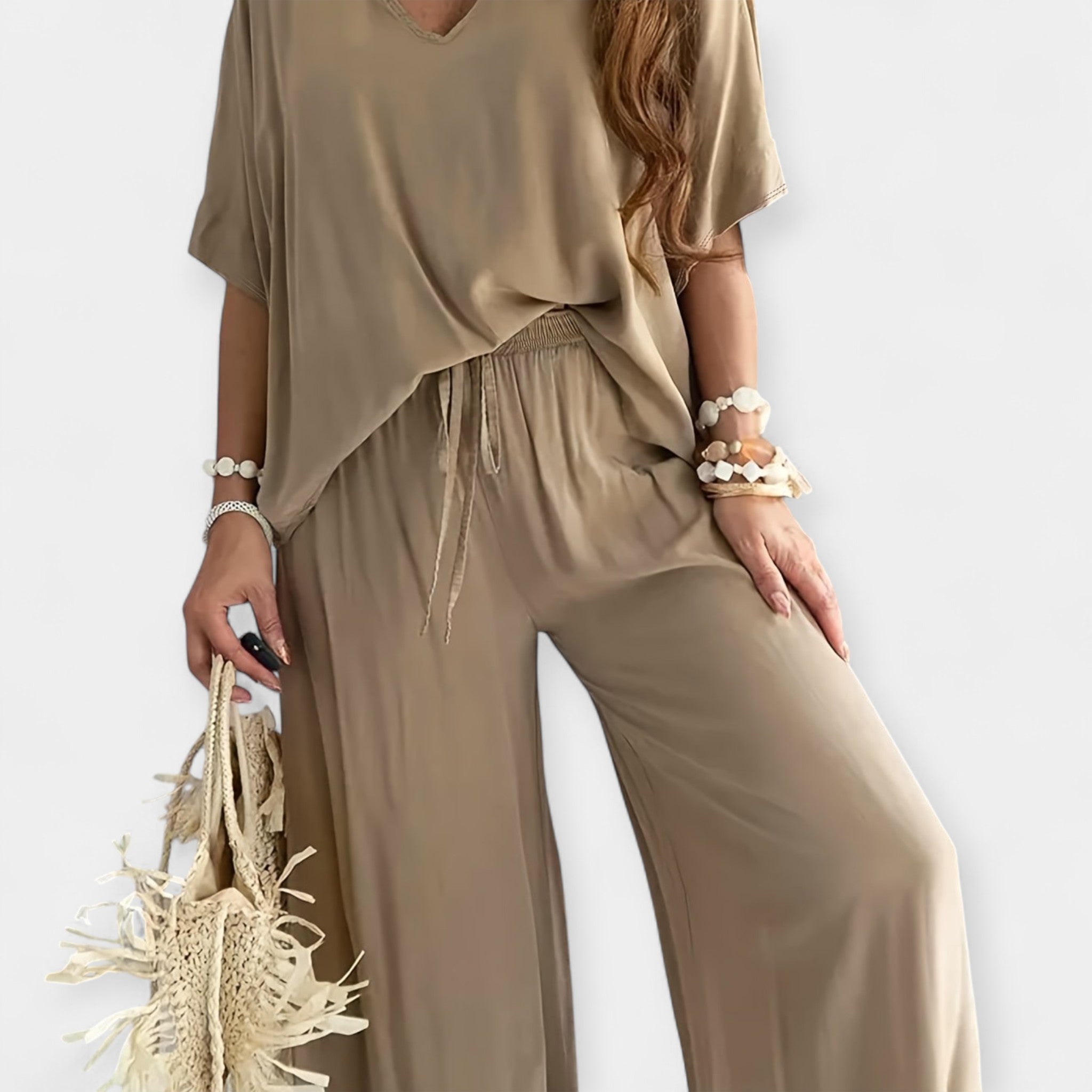 Airy Wide Leg Trousers Set With Flowy Blouse Relaxed Fit