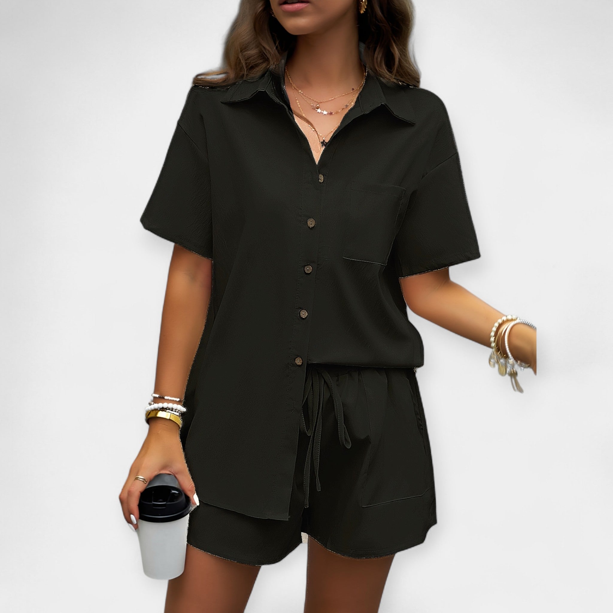 Casual Shirt And Shorts Set With Medium Collar Everyday
