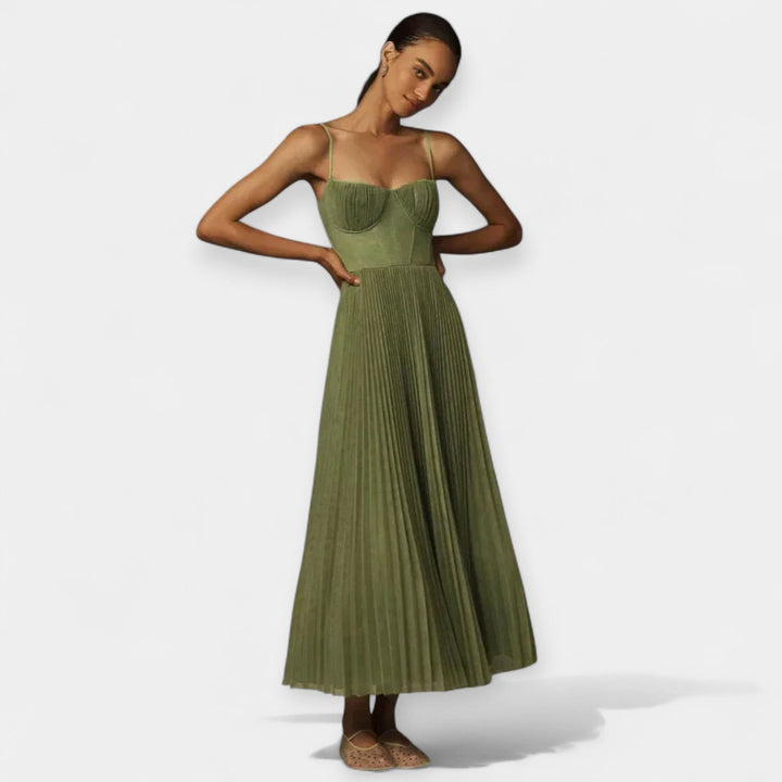 Romantic Pleated Midi Dress With Tulle And Corset Bodice