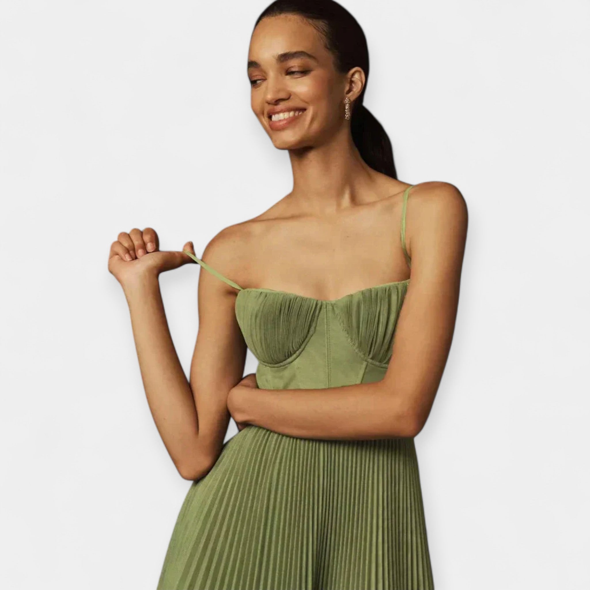 Romantic Pleated Midi Dress With Tulle And Corset Bodice