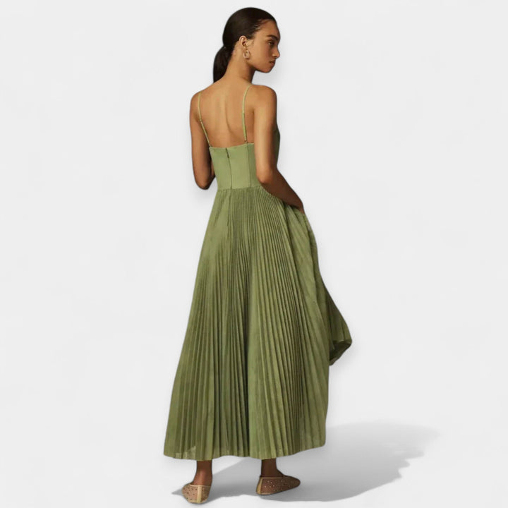 Romantic Pleated Midi Dress With Tulle And Corset Bodice