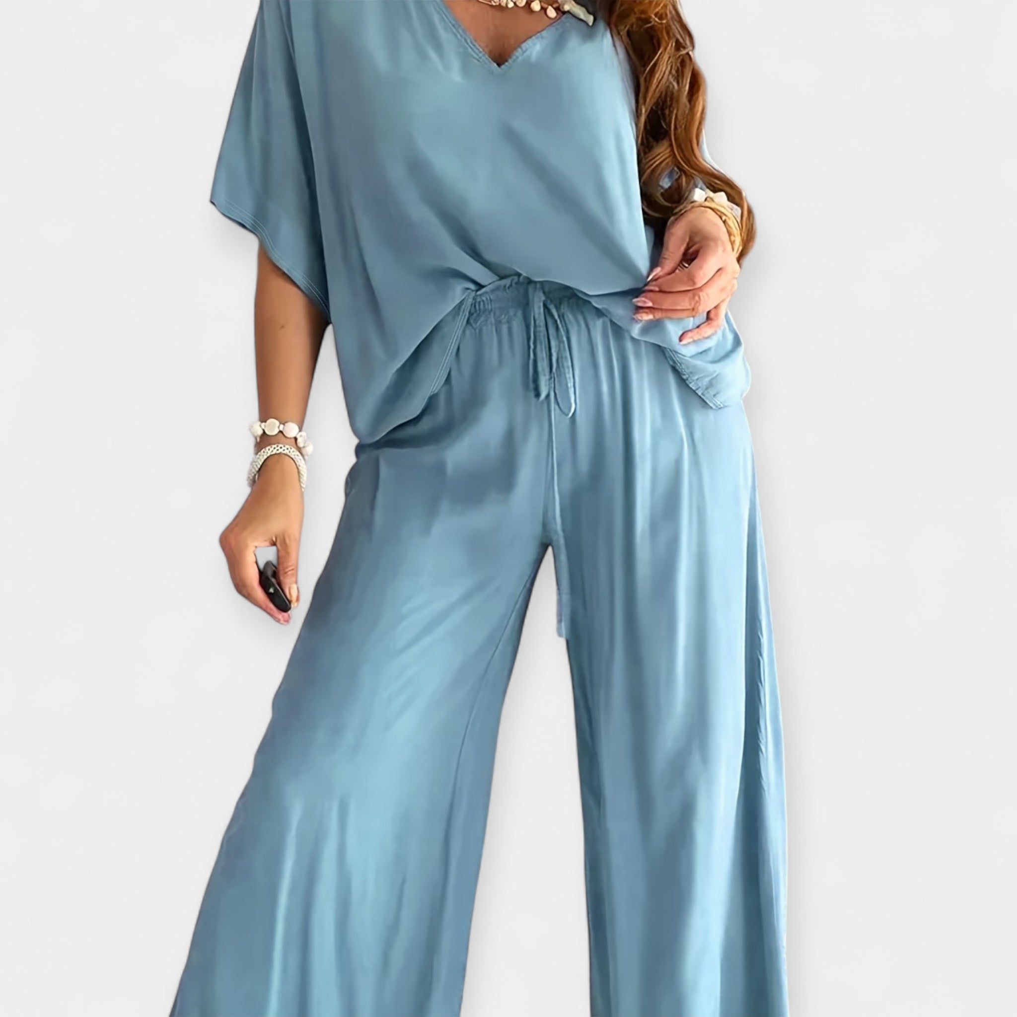 Airy Wide Leg Trousers Set With Flowy Blouse Relaxed Fit