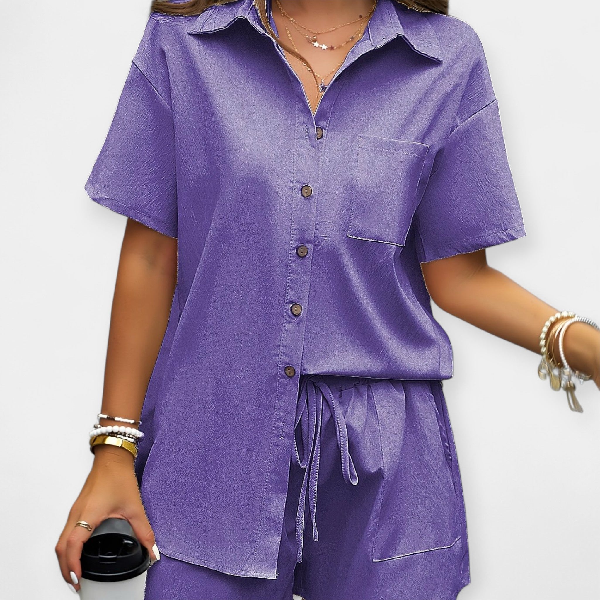 Casual Shirt And Shorts Set With Medium Collar Everyday