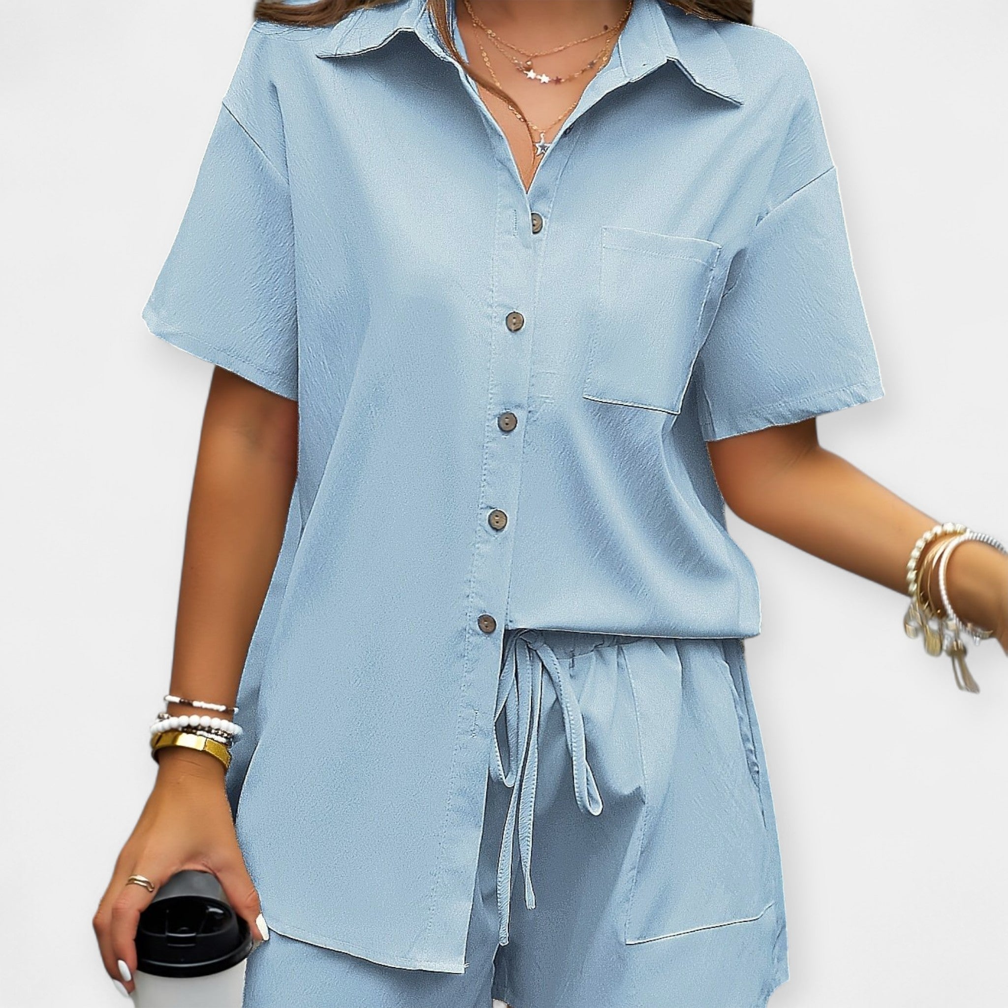 Casual Shirt And Shorts Set With Medium Collar Everyday