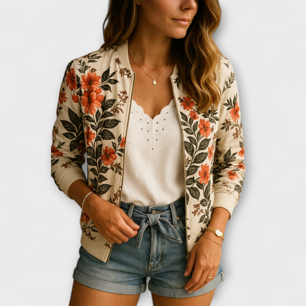Kaelin Floral Print Bomber Jacket With Bold Flowers