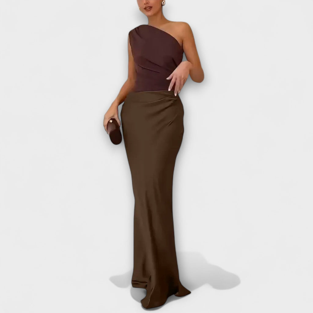 One Shoulder Pleated Maxi Dress With Flowing Length