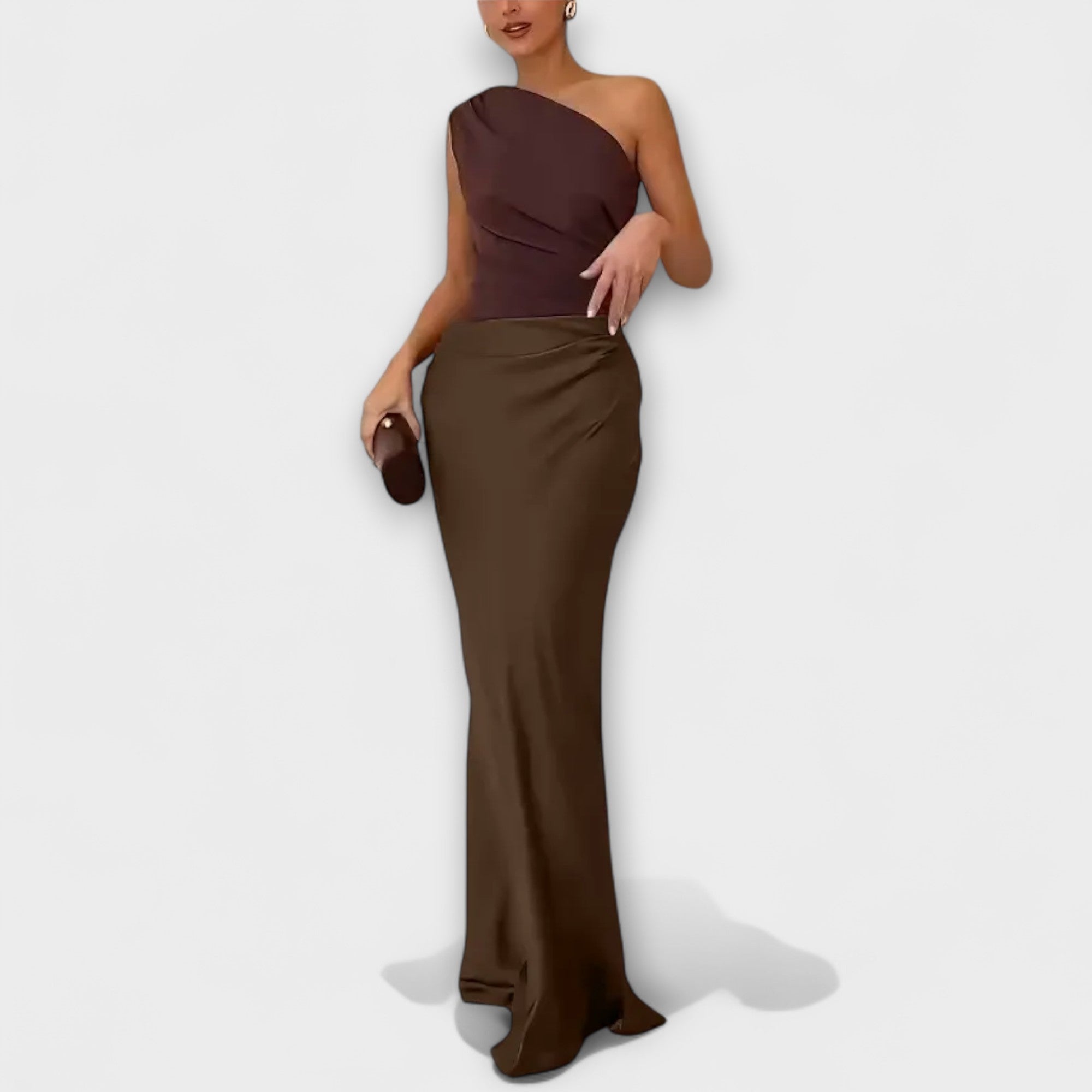 One Shoulder Pleated Maxi Dress With Flowing Length
