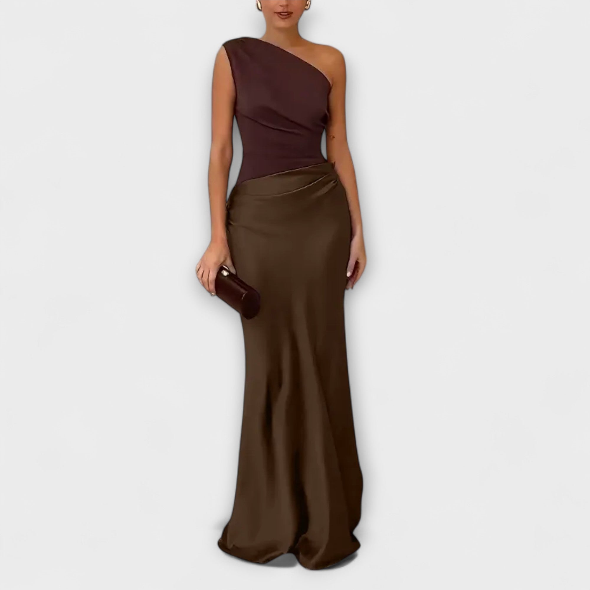 One Shoulder Pleated Maxi Dress With Flowing Length