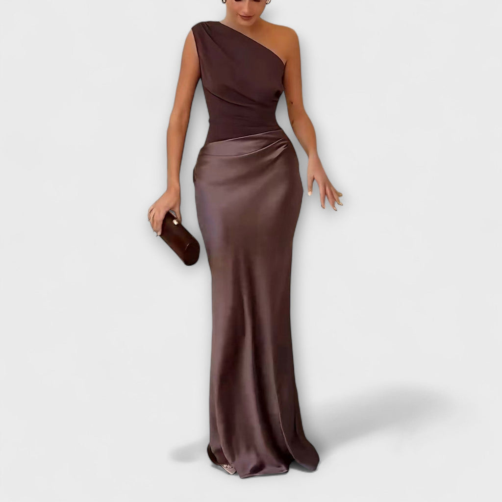 One Shoulder Pleated Maxi Dress With Flowing Length