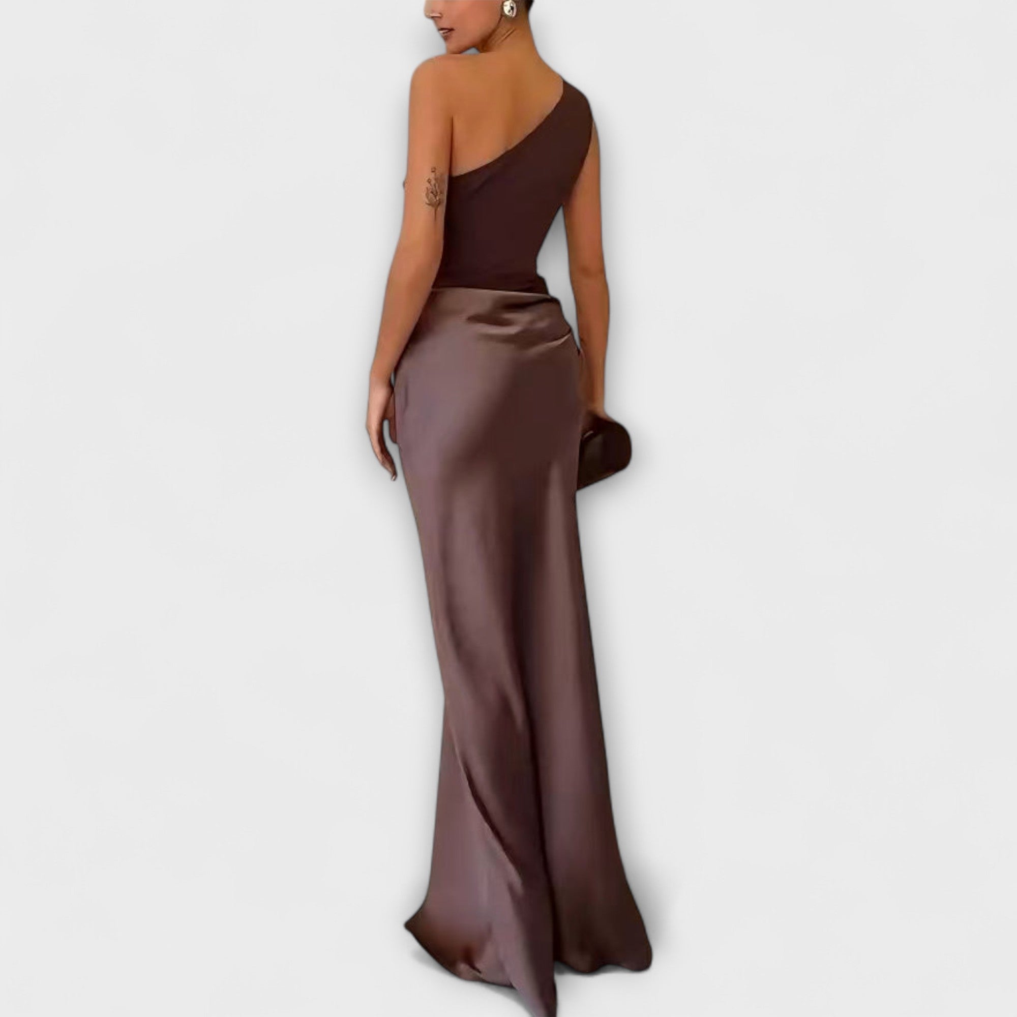 One Shoulder Pleated Maxi Dress With Flowing Length