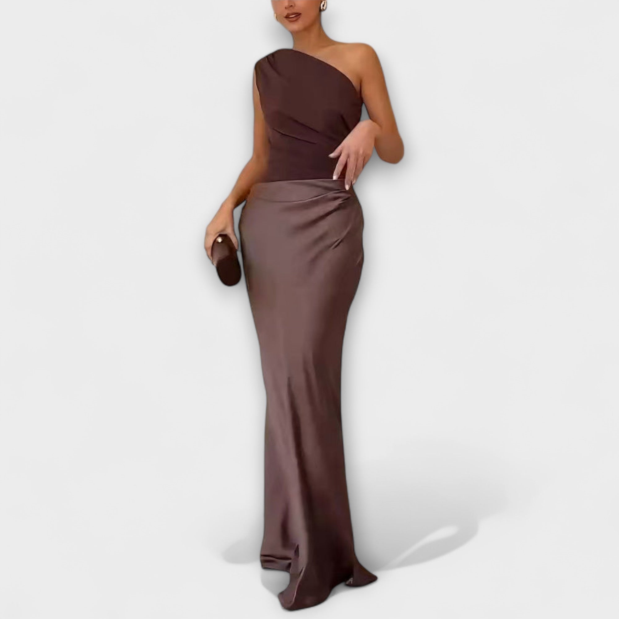 One Shoulder Pleated Maxi Dress With Flowing Length